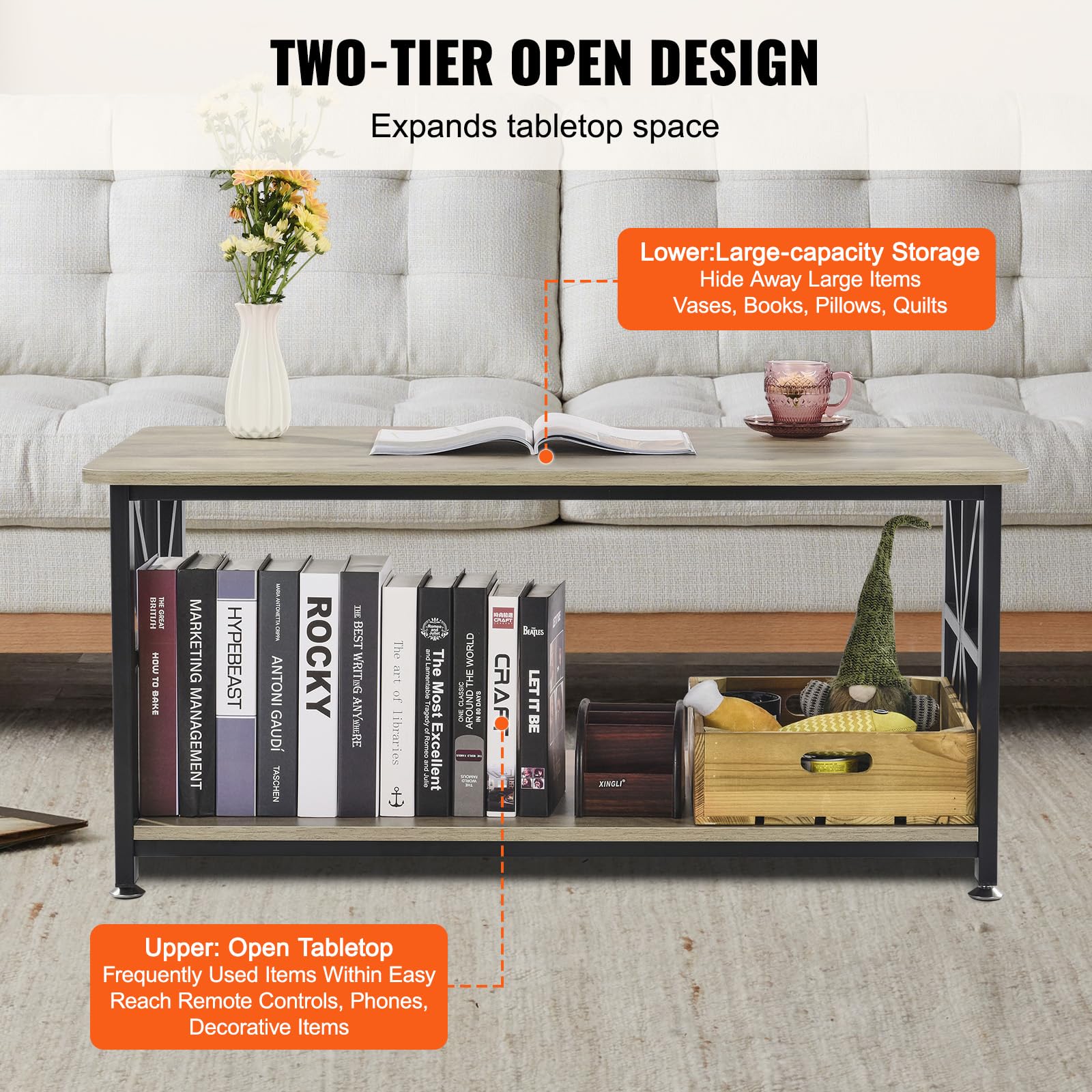 VEVOR Mesa de Centro Rústica de 1000 x 500 x 465 mm, Mesa de Centro Rectangular con Compartimento de Almacenamiento Abierto Mesa de Madera para Sala de Estar, Apartamento, Dormitorio, Marrón y Negro