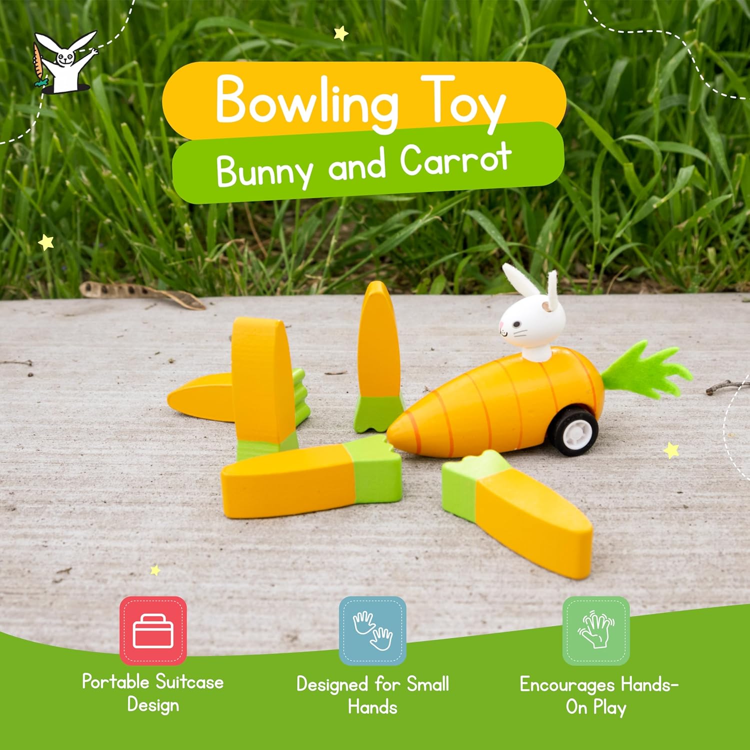 Jack Rabbit Creations Bunny & Carrot Wooden Bowling Game, Pull-Back Bowling Car, Heirloom Quality Toy, Coordination & Fine Motor Skills, Screen Boxed, Ages 3+