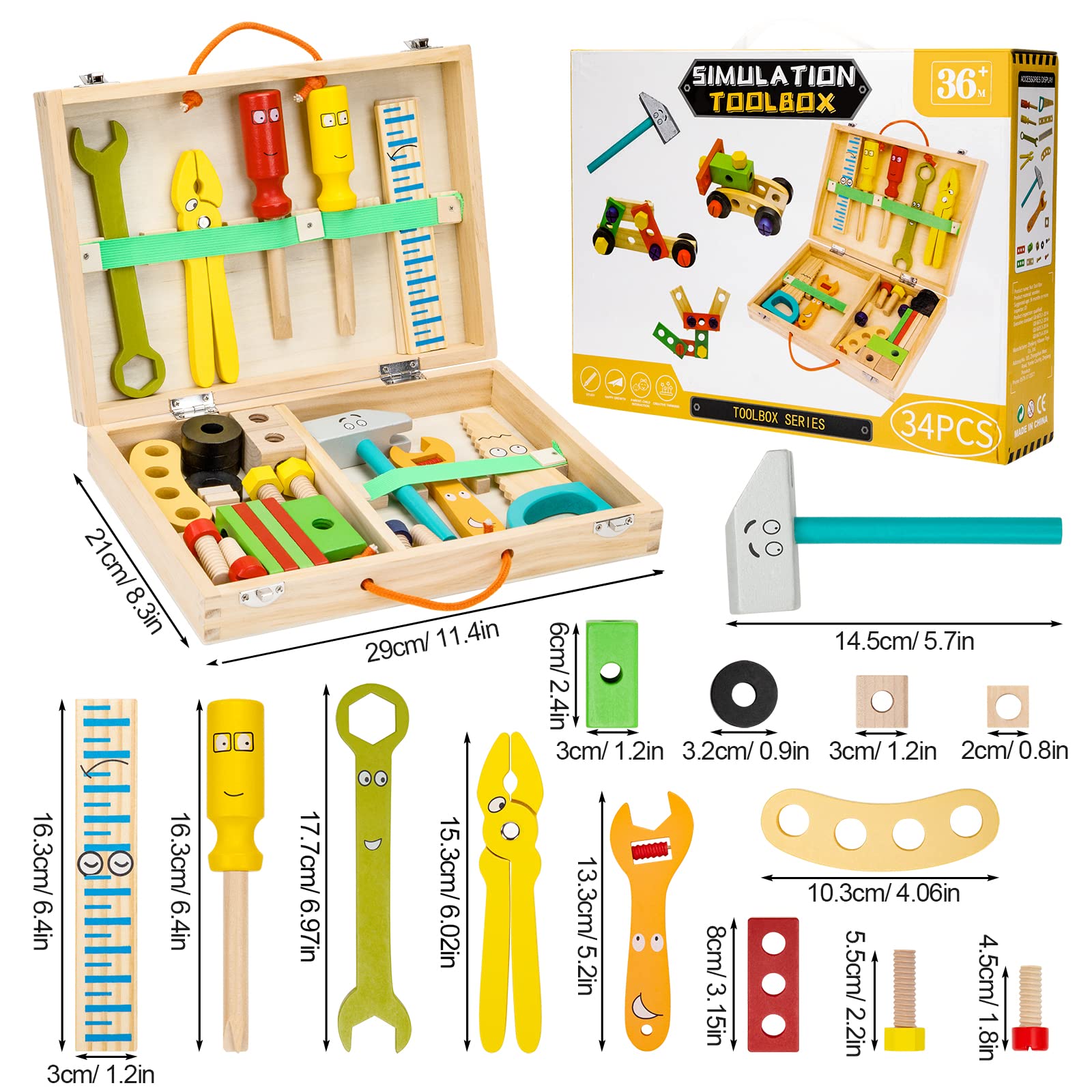 Caisse à Outils Enfant 34 Pièces En Bois | Jeu De Construction DIY Pour Enfants 3 Ans Et Plus | Apprentissage Ludique