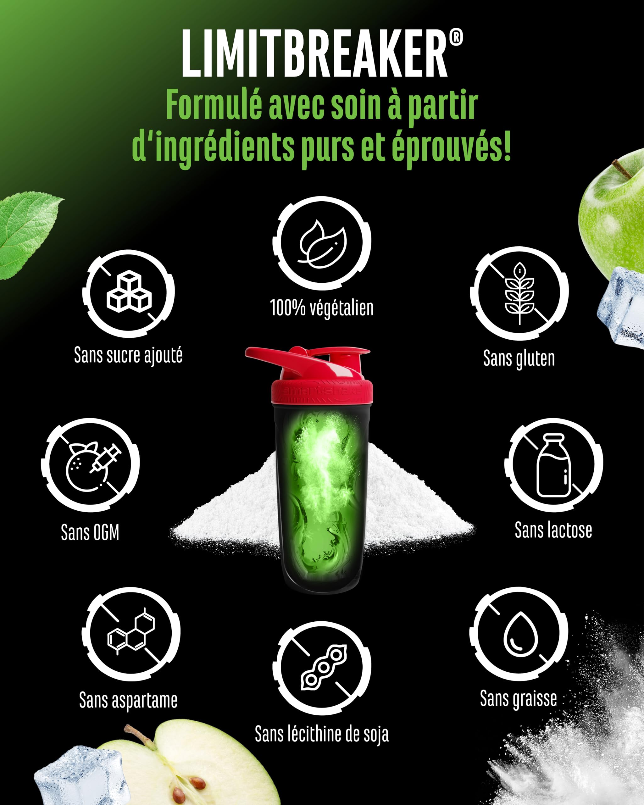 LIMITBREAKER® Pre Workout Booster avec Caféine 300 mg - Goût Pomme Verte Acide - avec L Citrulline, AAKG, Bêta Alanine & L Théanine - Haut Dosage - 360 g Poudre 20 Portions - Végan