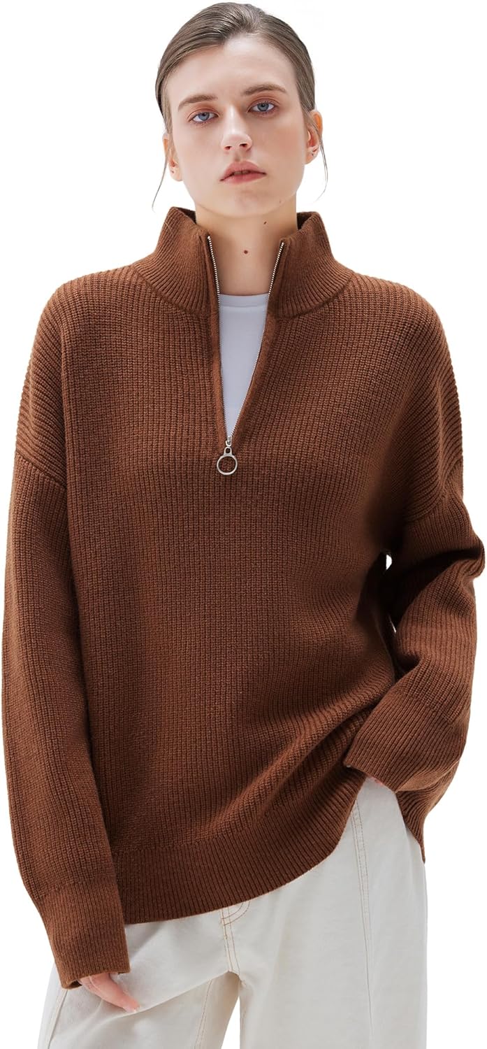 SUUKSESS Women Cashmere Oversized Quarter Zip Pullover Sweater Long Sleeve Collared Ribbed Knit Jumper Tops