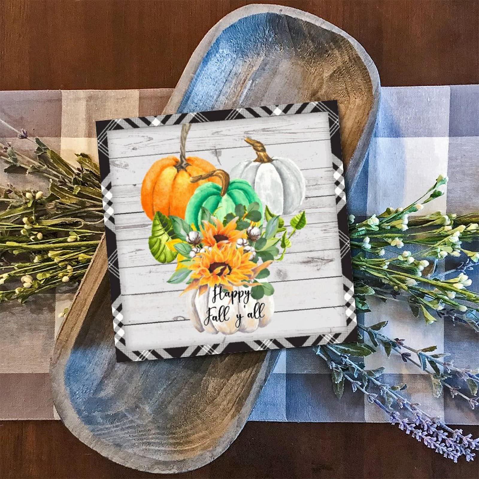 Panneau en bois Happy Fall Y'all décoration dinde citrouille rétro pour salon 30,5x30,5 cm