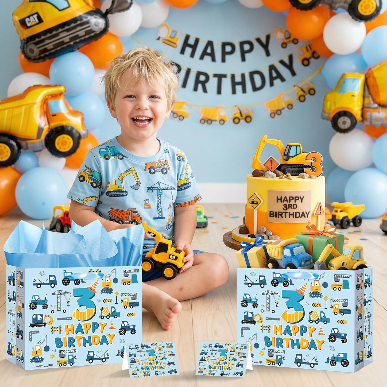 Peconal Blue Truck 3rd Birthday Gift Bag Large Blue Construction Happy 3rd Birthday Gift Bag with Card Wrapping Paper Third Bday Decorations for Boys Kids Three Years Old Bday Party Supplies image 5
