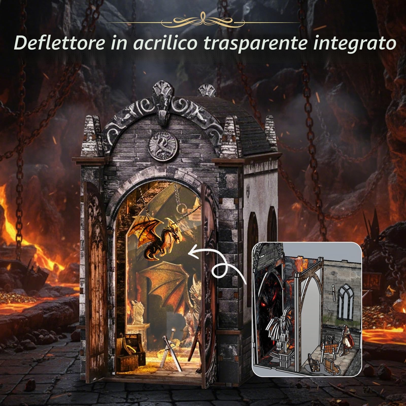Book Nook Kit per adulti-Labirinto del Tesoro dei Draghi,Puzzle in miniatura 3D fai da te in legno con luci LED,fermalibri in miniatura, decorazione per libreria,Idea Regalo Creativa