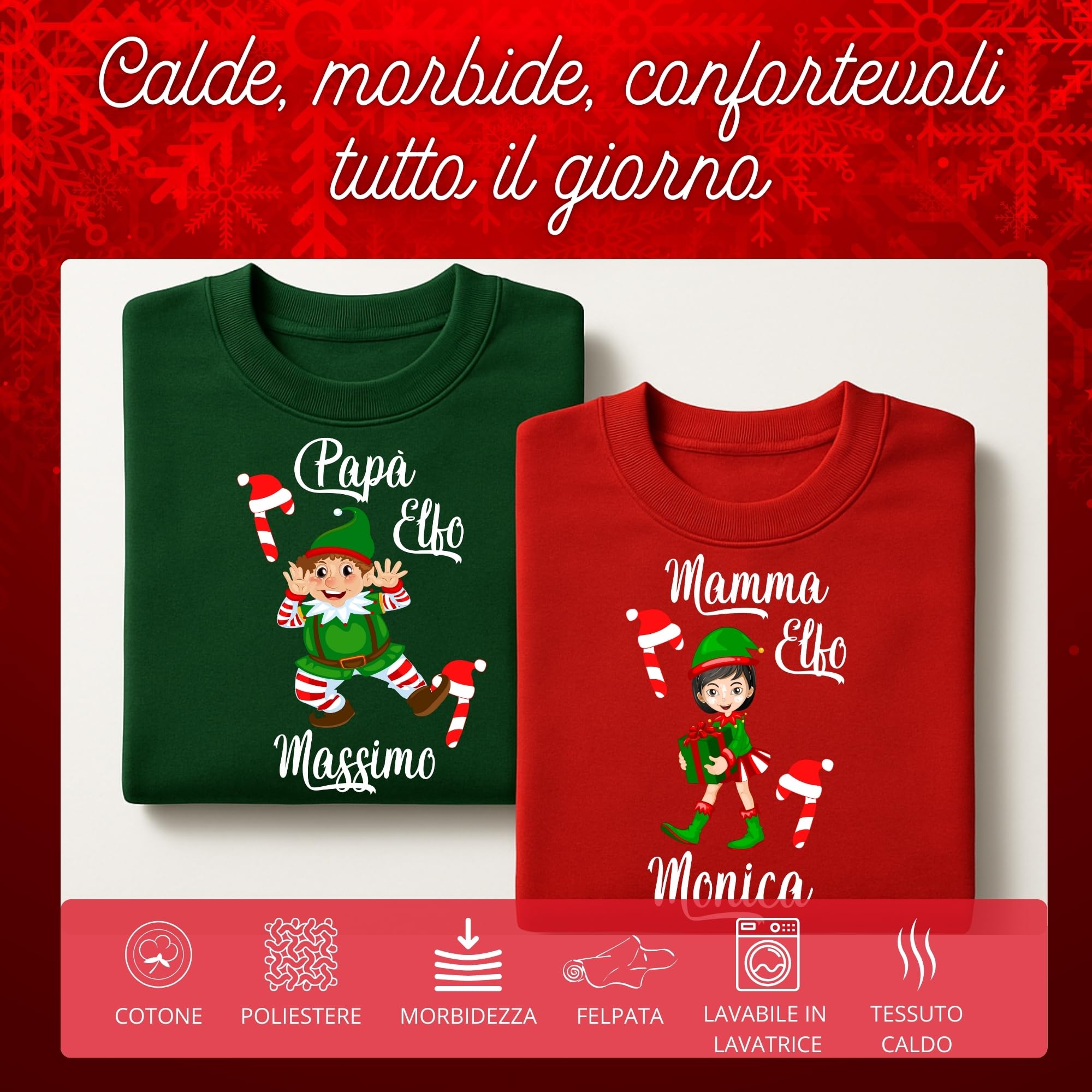 fashwork - Coppia Felpe Personalizzate Natalizie con Nome, Felpa Uomo e Donna Girocollo Rossa e Verde, Felpe Merry Christmas Idee per Regali Natale Originali