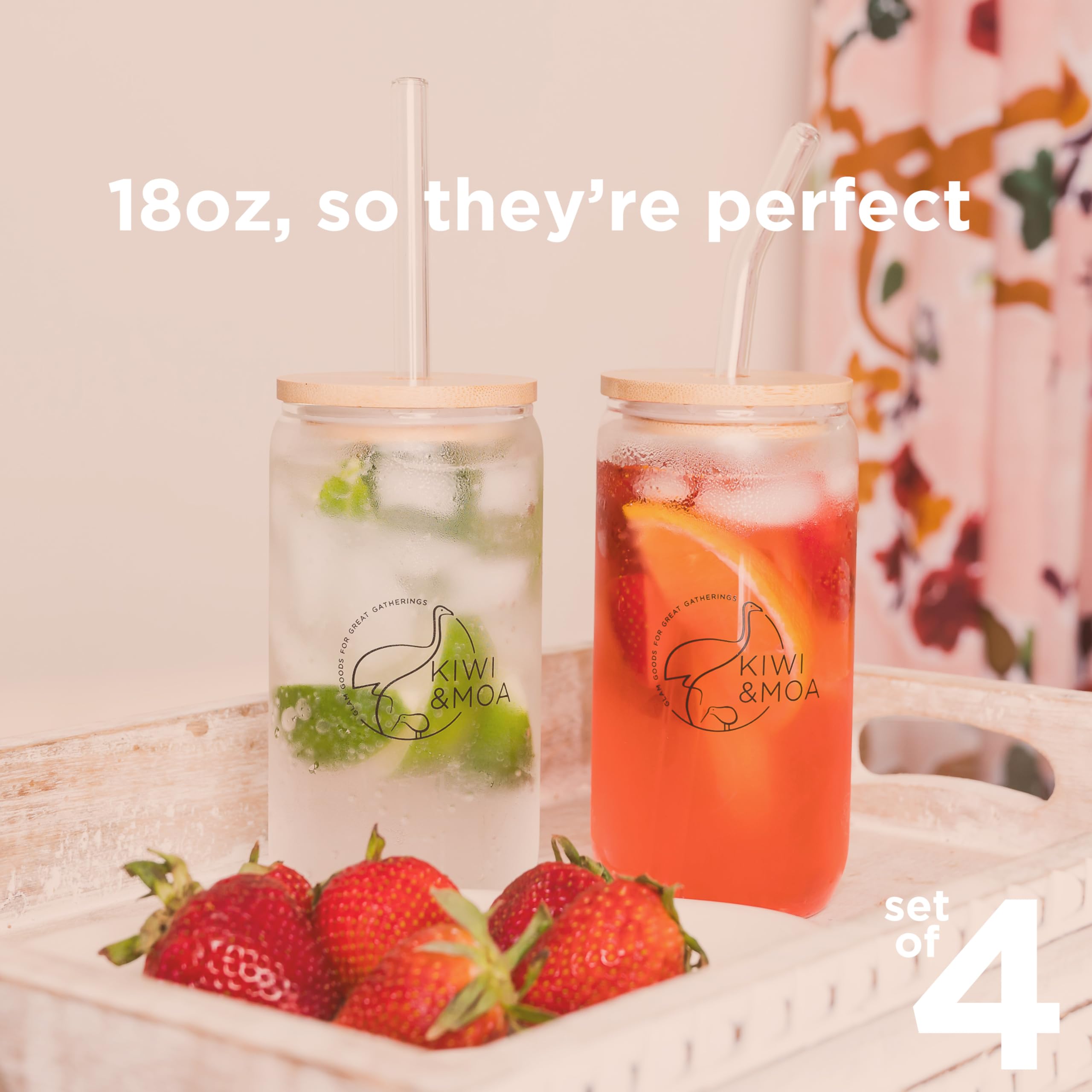 KIWI & MOA Vasos de 16 onzas, con tapas de bambú y popotes de vidrio, juego de 4, para bebidas mixtas, cócteles, cerveza, café helado, té helado, batidos, fiestas/regalos, incluye 2 cepillos de