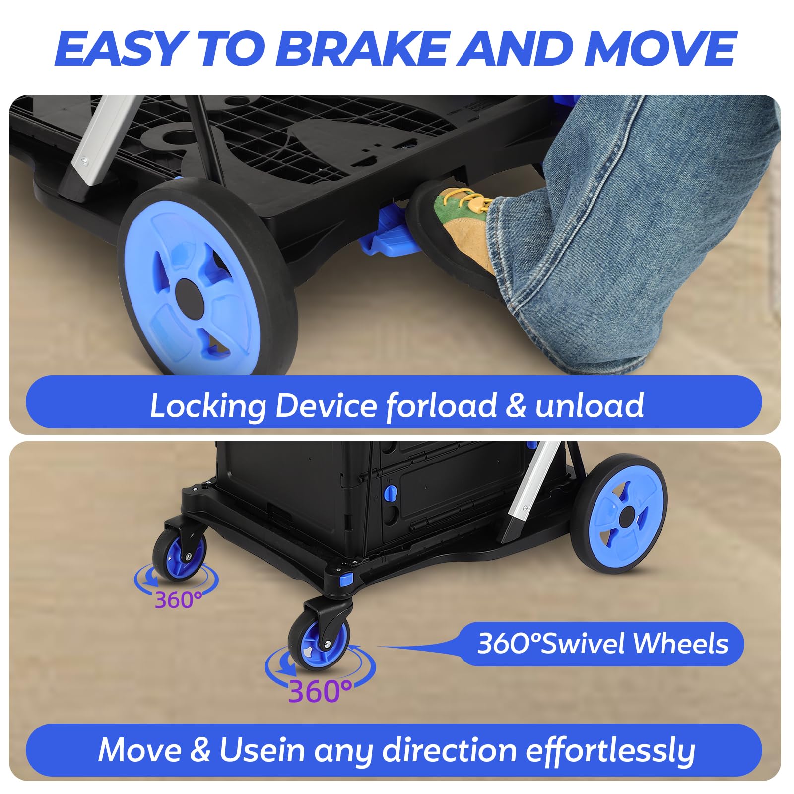 Carrito de compras plegable de 2 niveles con ruedas, capacidad de 200 libras con ruedas con caja de almacenamiento, carretilla de mano de plataforma con freno de pie