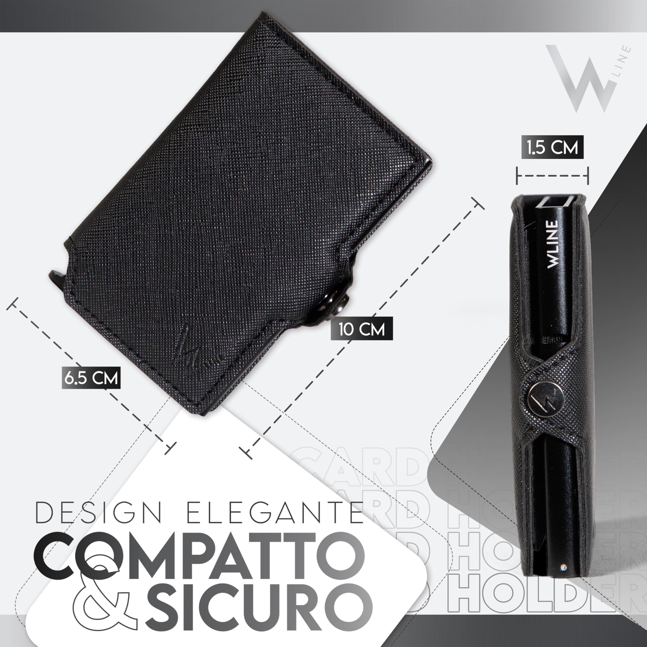 WLine Porta Carte di Credito Uomo e Donna Schermato in Pelle PU Saffiano - Portafoglio Uomo Slim Rfid Compatto ed Elegante - Portatessere Uomo Tascabile (Nero Saffiano senza Zip)