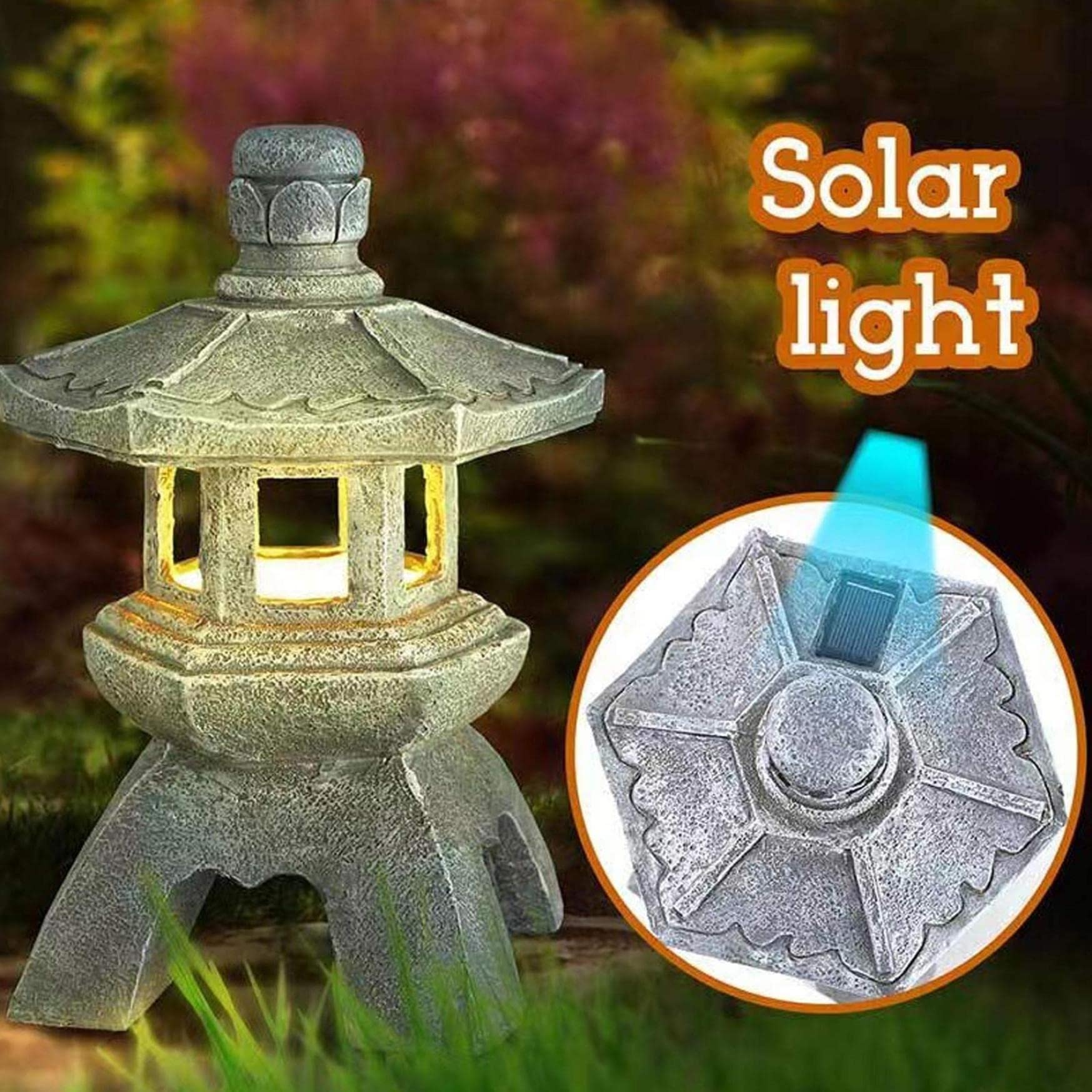 Pagode Lanterne Solaire Déco Jardin - Statue Zen Éclairage Auto, Été, Résine Antivols - Gris