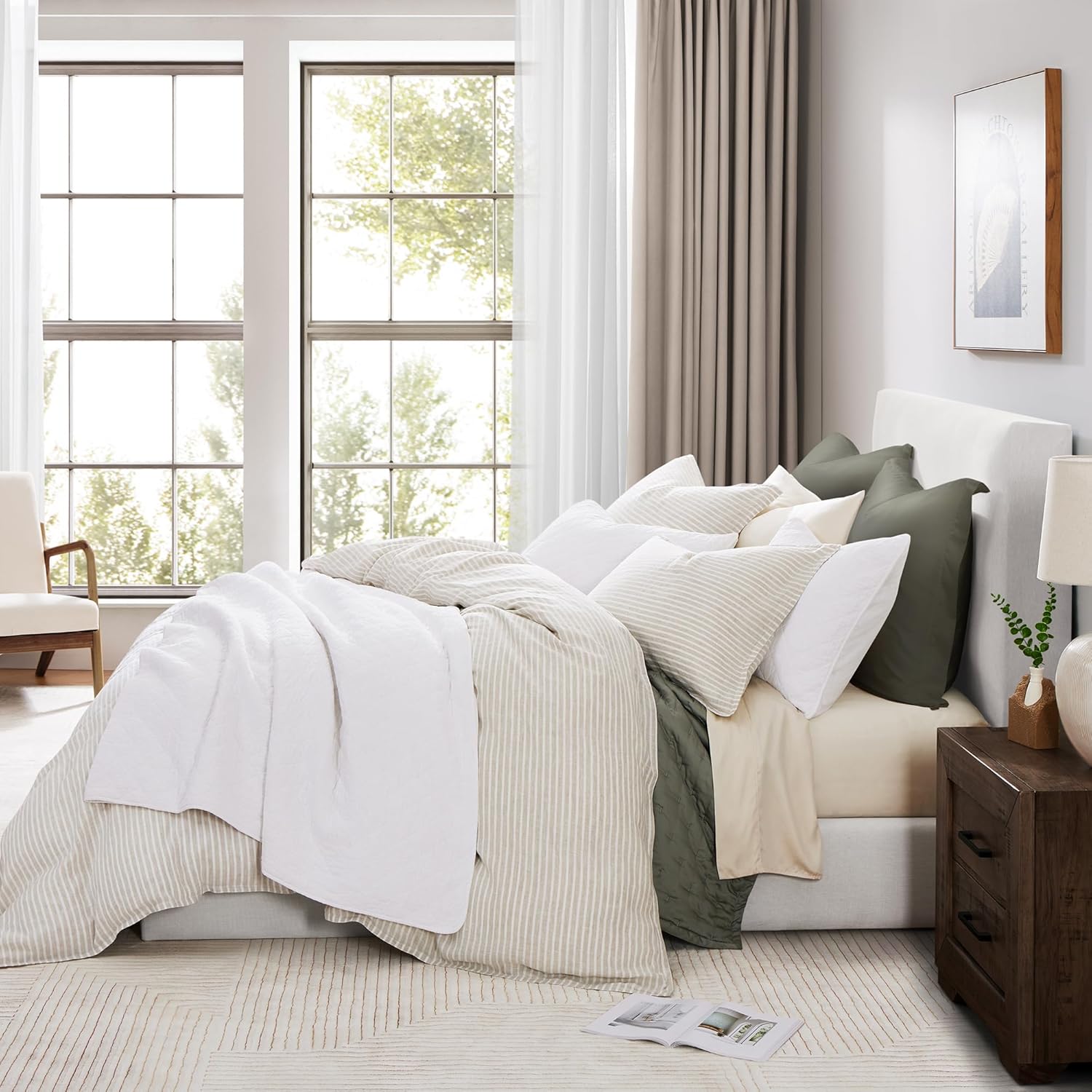 HiEnd Accents Linen Duvet Cover Set 100% French Flax Linen Duvet Covers Queen Size, Natural Solid Color Breathable Durable Cooling Linen Bedding Set with 1 Linen Comforter Cover and 2 Shams