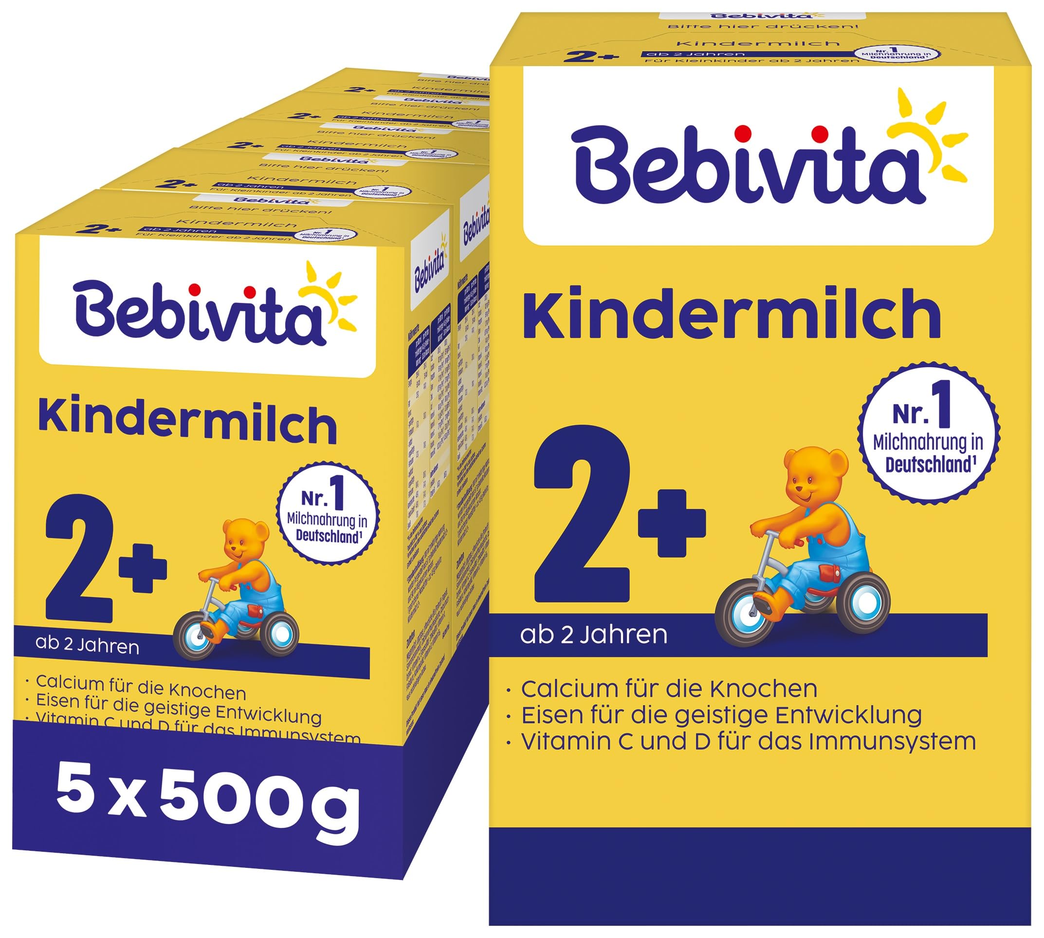 Bebivita Kindermilch 2+ (5 x 500g), Milchnahrung für Kinder ab 2 Jahren, mit Calcium, Vitamin C, D und Eisen für die geistige Entwicklung