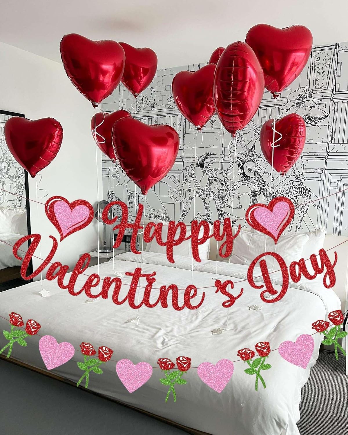 Glitter Banner Happy Valentine Day, Red Pink Valentine Letters Banner Shiny Rose Heart Banner Sign for Celebrate Valentine Party Decorations Wedding Ceremonies Holiday