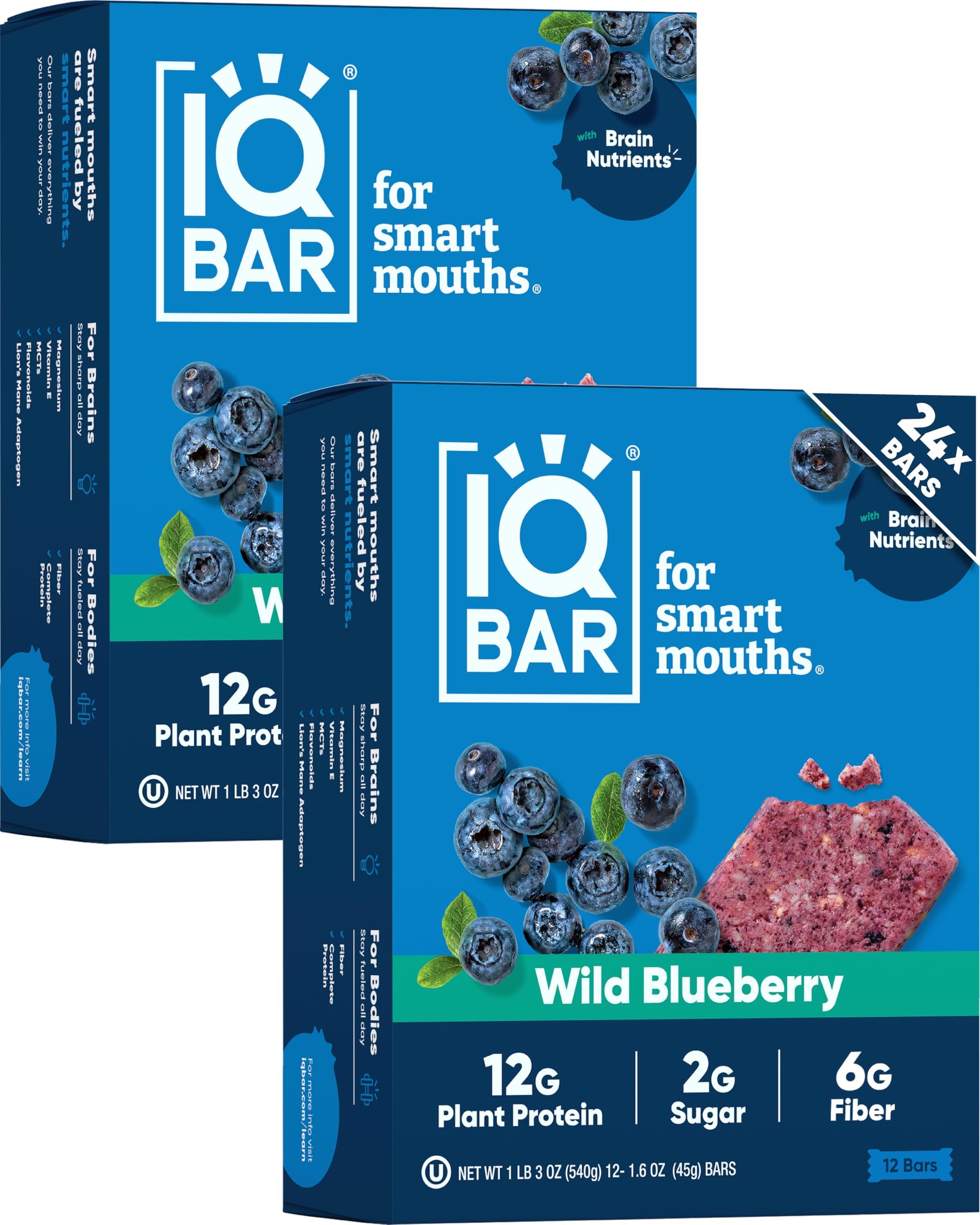 IQ BAR Brain and Body Plant Protein s - Wild Blueberry - 24 Count, Low Carb, High Fiber, Gluten Free, Healthy Vegan Snacks - Low Sugar Keto Pack