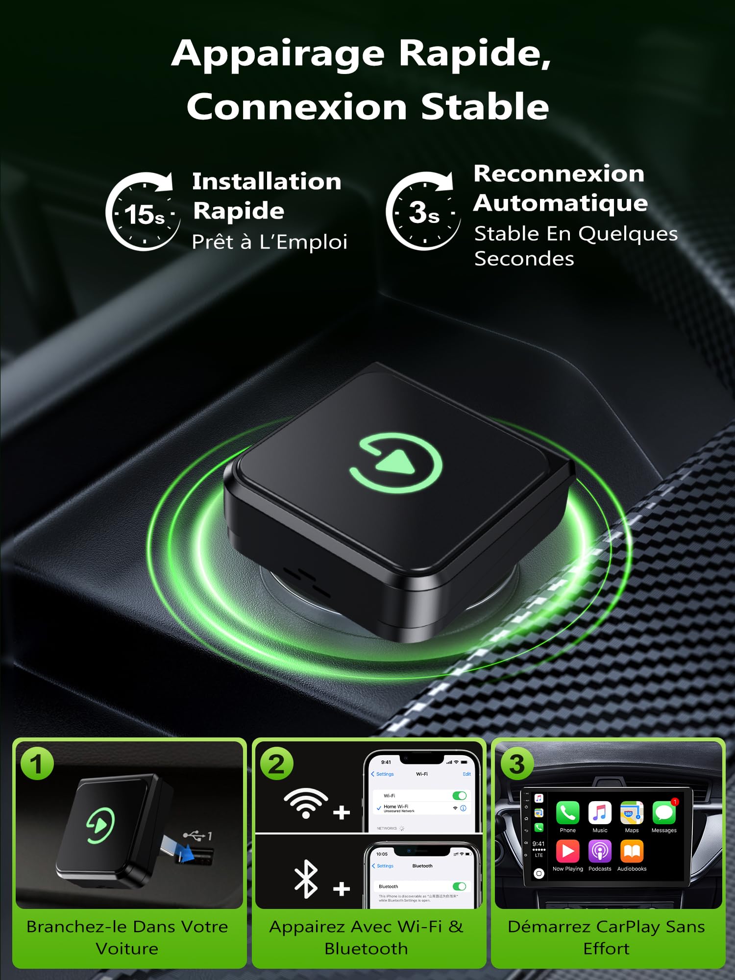 Adaptateur CarPlay sans Fil USB:Cle Carplay sans Fil–Mini Et Stable, Adaptateur Car Play & Android Auto Compatible avec iPhone iOS 10+ Et Smartphones Android, Voitures Équipées D’Origine, Plug & Play
