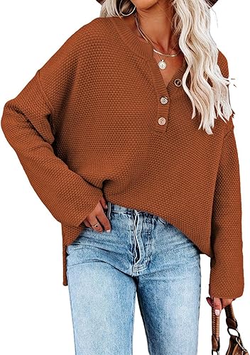 Pink Queen Suéter de punto con cuello en V para mujer, de gran tamaño, manga larga tipo murciélago, estilo Henley