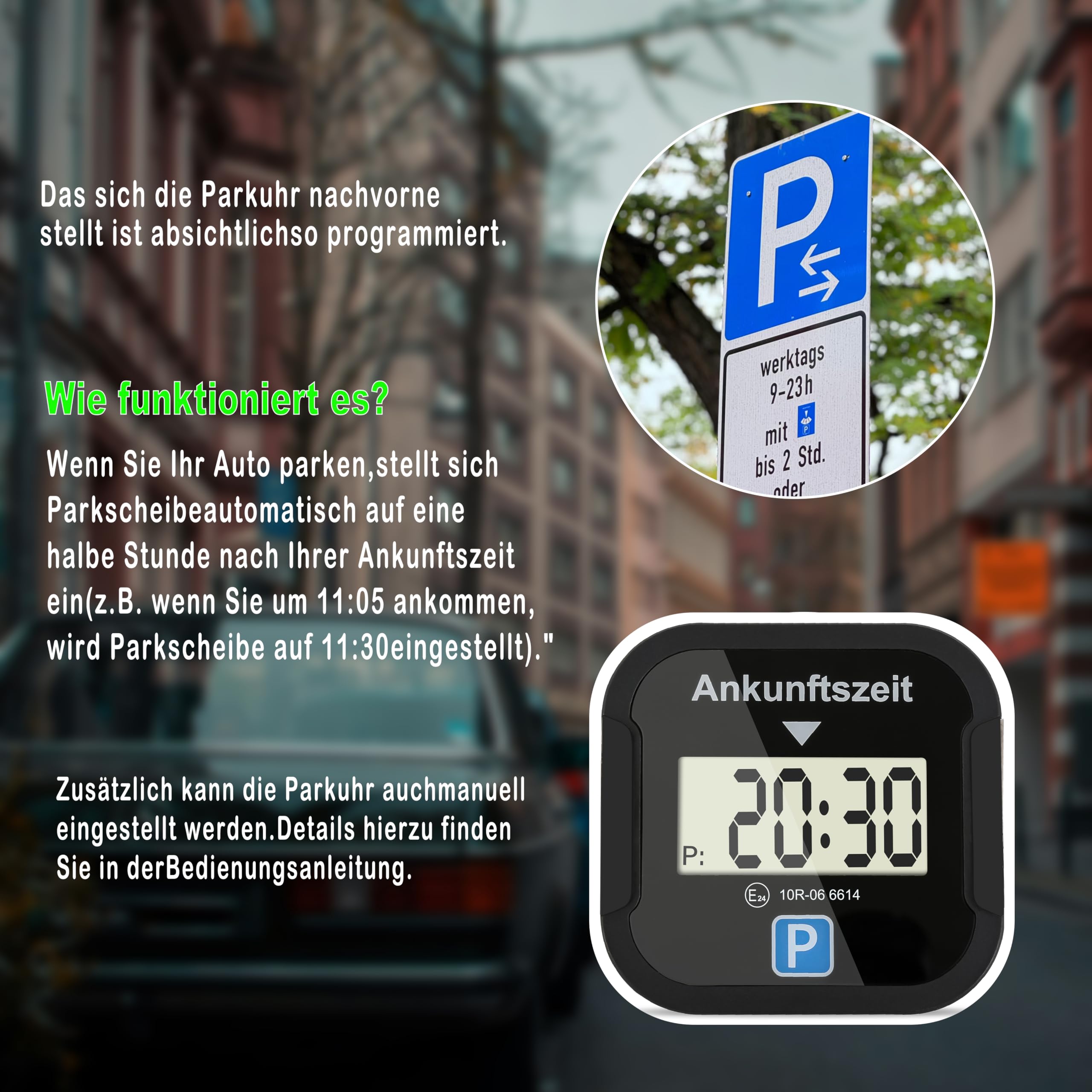TEOV Elektronische Parkscheibe mit Zulassung KBA fürs Auto - Digitale Parkuhr mit Nachtmodus und Taktungseinstellung, Großer Bildschirm, präzise Zeitmessung, Rund. Blau Schwarz
