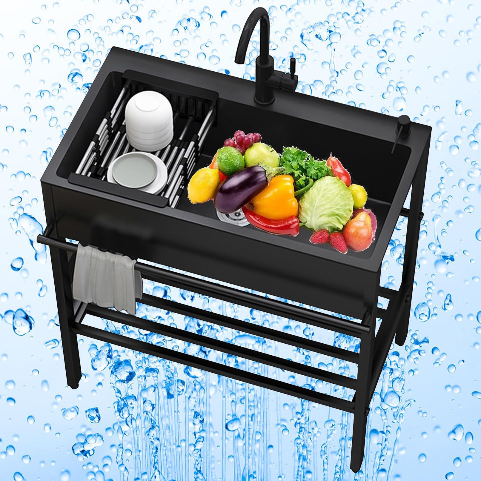 WIQUYBML Utility Sink Laundry Tub with Water Pipe, Stainless Steel 1 Compartment s, Free Standing Handwashing Station for Restaurant Indoor Outdoor Garage