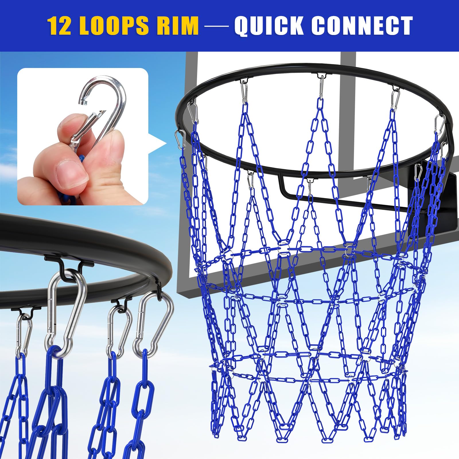 Insaga Red de baloncesto de cadena de metal resistente, red de cadena de baloncesto de 19 pulgadas para aro de repuesto para interiores y exteriores, red de cadena de acero inoxidable para borde