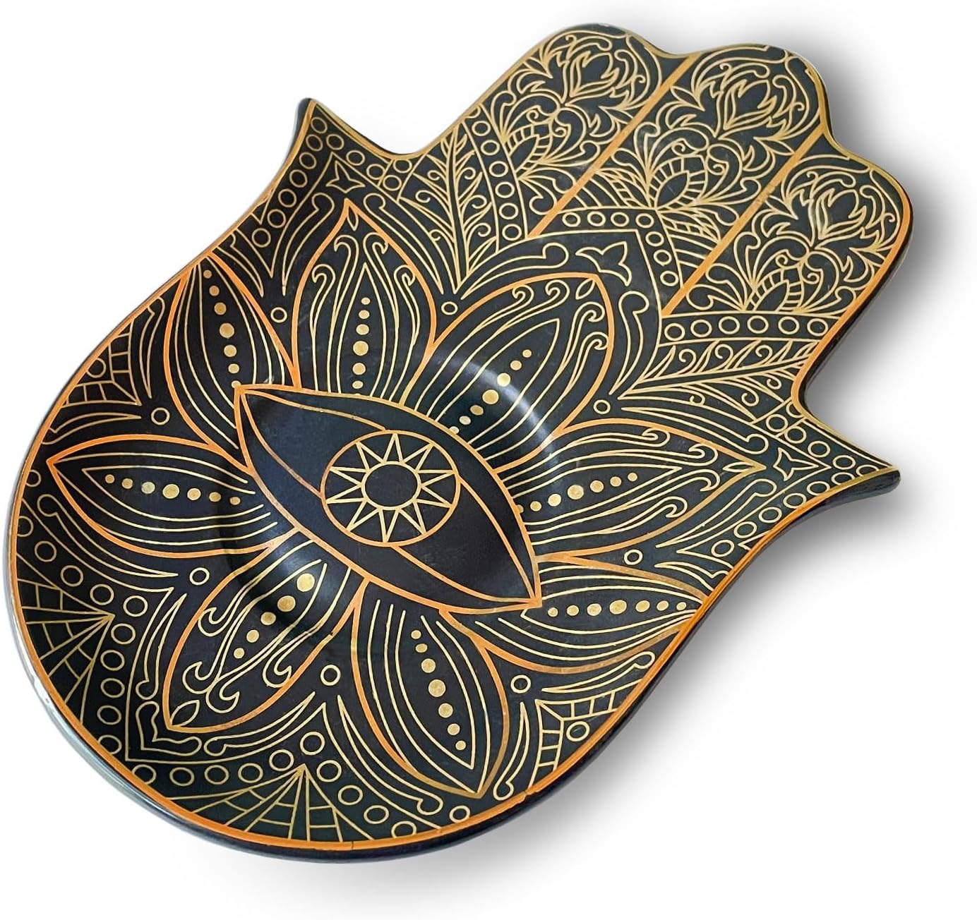 J.K.Leo Exquisite Small Ceramic Jewelry Tray – Trinket Dish Evil Eye Decor, Ring Holder, Modern Boho Home Essentials, Perfume Organizer, Witchy, Aesthetic Room Decor, 6.3″ x 4.5″ (Black Hamsa)