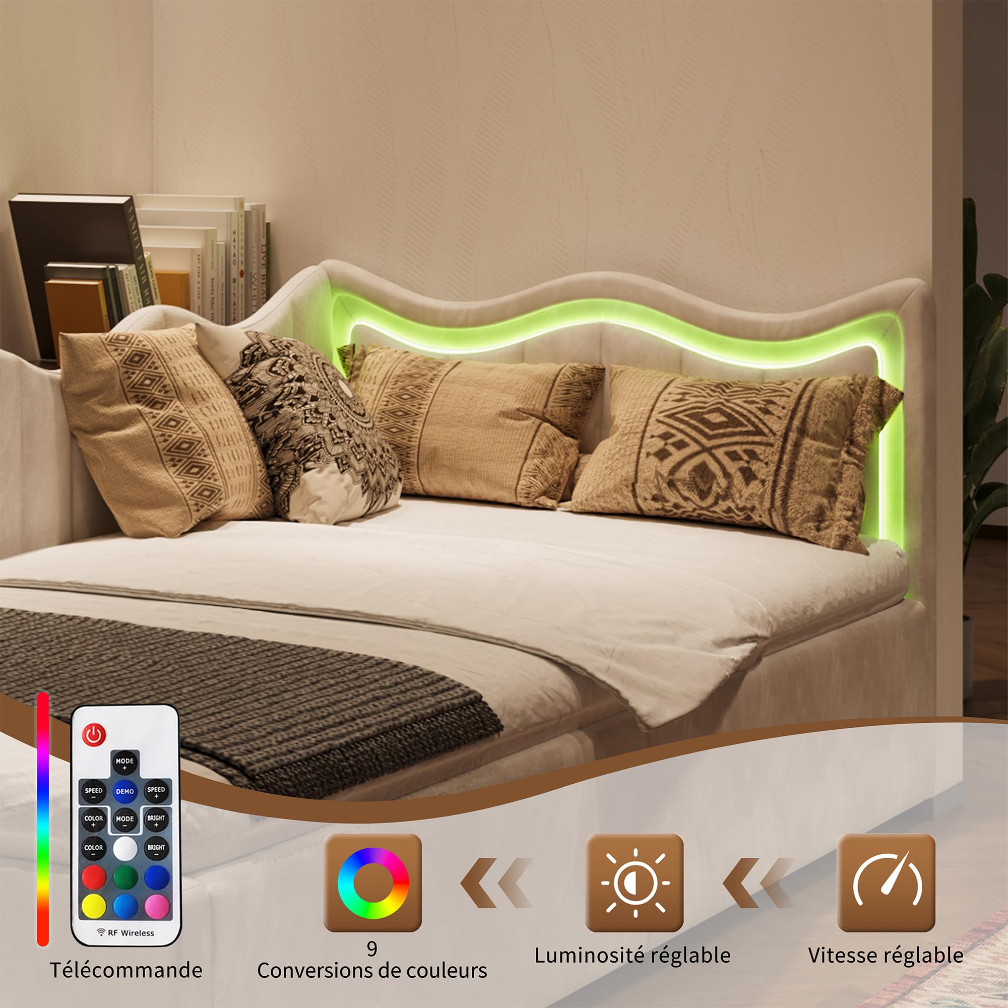 BRILVERDE Divano letto singolo 90x200 con luce LED, Poltrona letto singola con contenitore idraulico, letto con testiera, struttura letto con rete a doghe, in velluto (Beige, 90 x 200 cm)