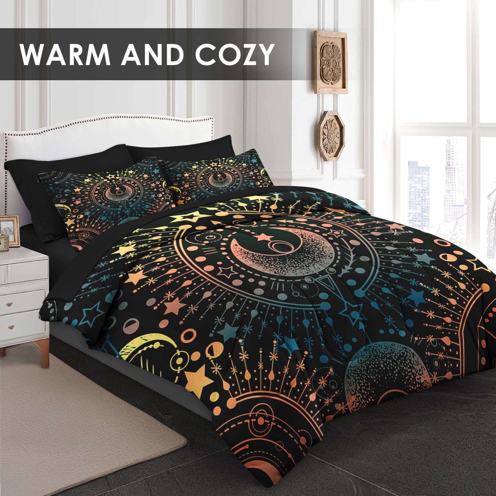 Pamnest Comforter Set Twin Size, Astrology Stars Moon 5 Pcs Bedding for Kids and Adults, Boho Geometric Gold Bed Sheet Sets with Fitted Sheet Pillowcase & Sham for Bedroom Bed Decor