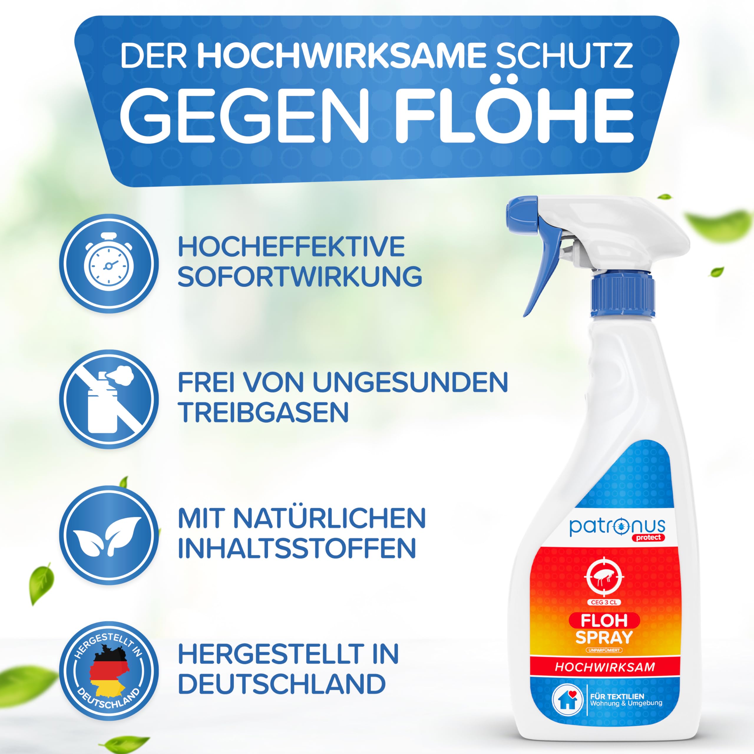 Patronus Floh Spray für Wohnungen & Umgebung 500ml - Repellent-Mittel für Flöhe mit Sofortschutz - unparfümiert
