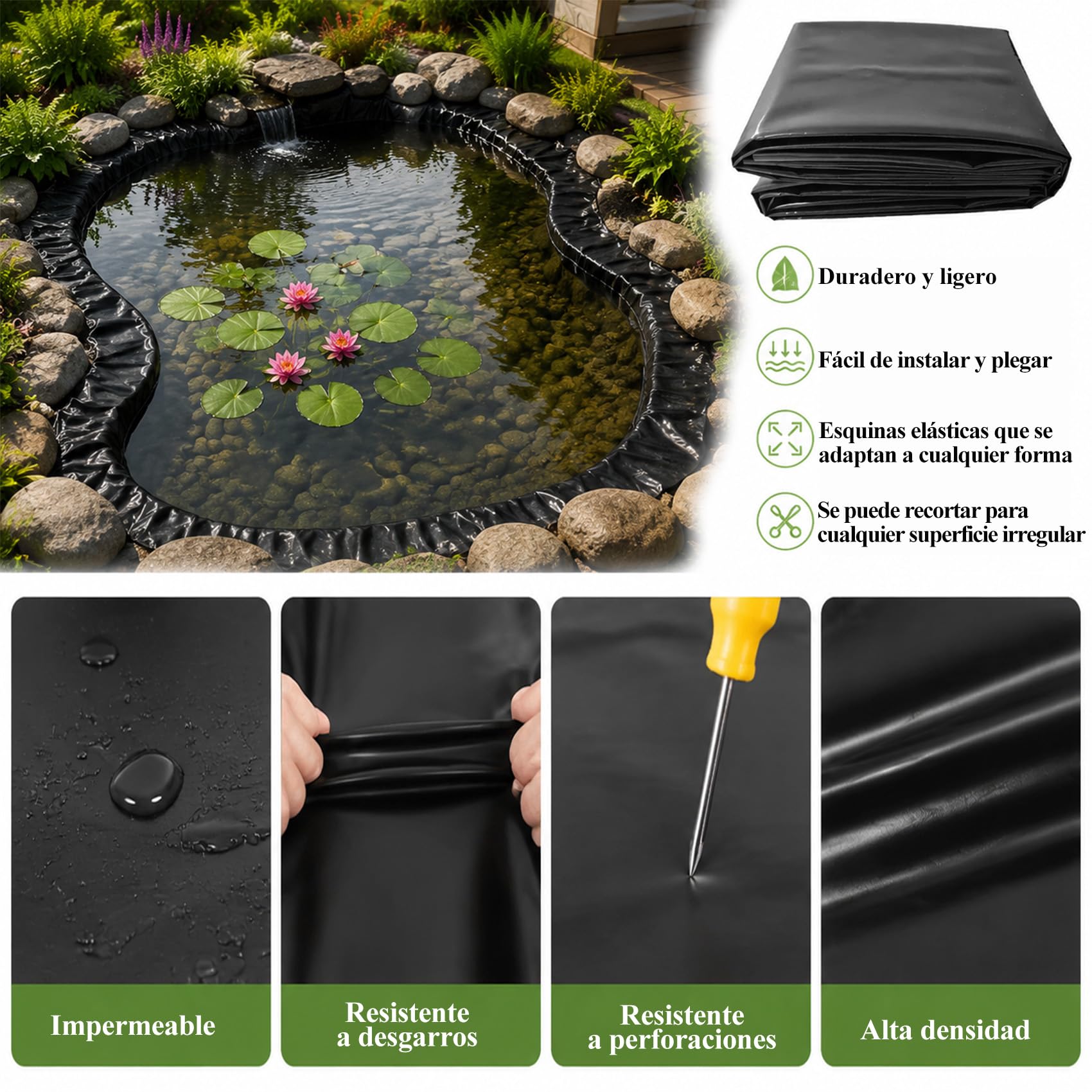 membranas para estanques amplios, recubrimientos HDPE, Capas elásticas, láminas oscuras, estanques cría koi, depósitos jardín, Fuentes acuáticas