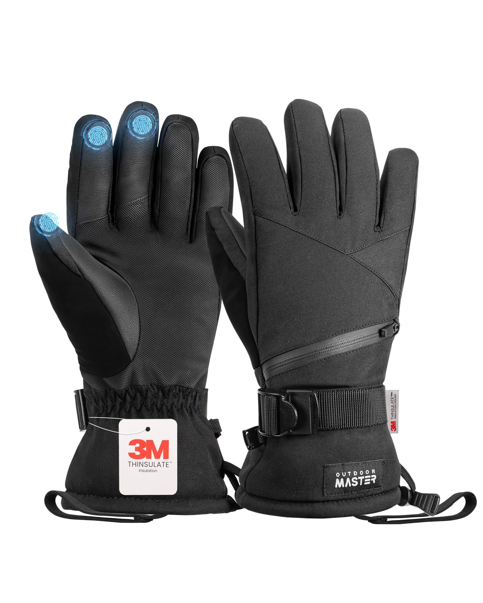 OutdoorMaster Gants de ski Gants de ski - Thinsulate 3M - Chauds - Toucher écran - Imperméables - Double poches