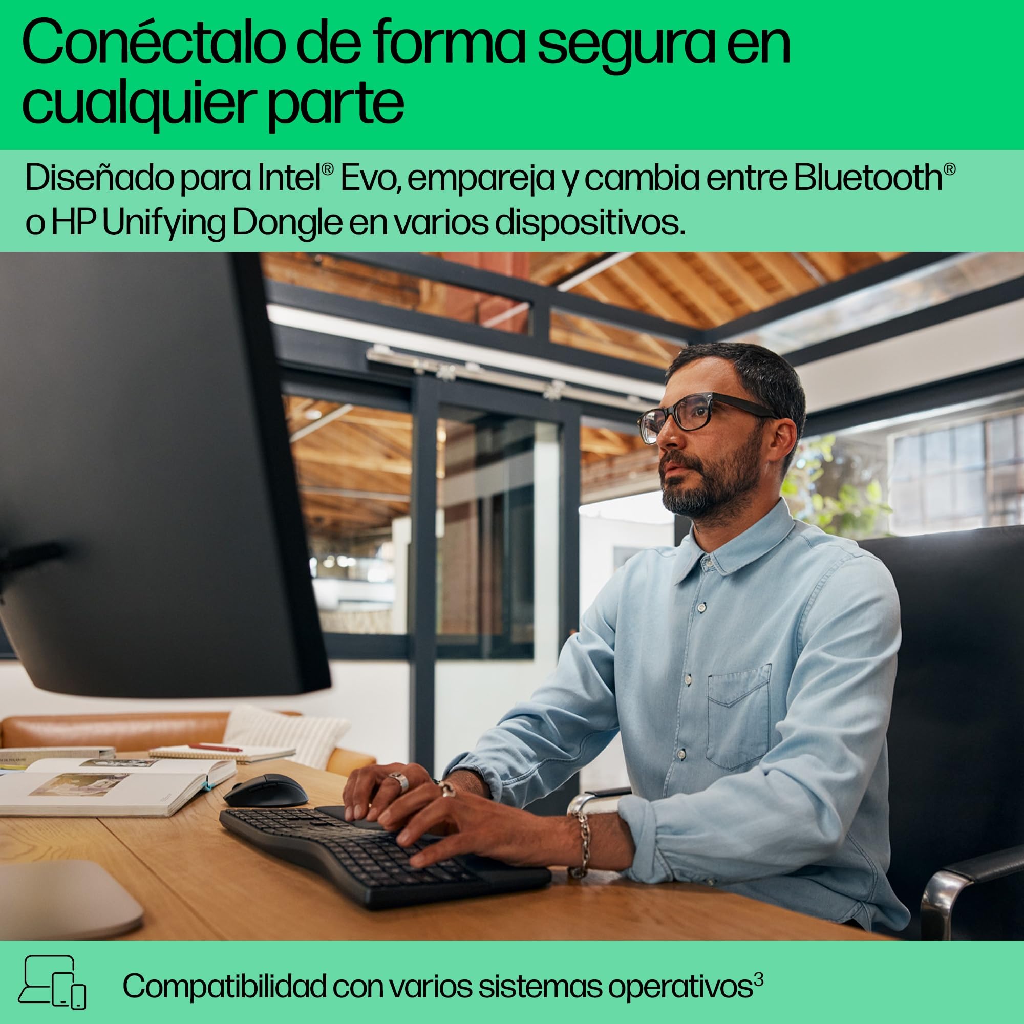 HP 680 Teclado QWERTY Español inalámbrico Dual, Ángulos de Escritura Ajustables, Teclas programables, Conectividad Segura, Diseño Compacto en Forma de Onda, Reposamanos Acolchado, Color Negro