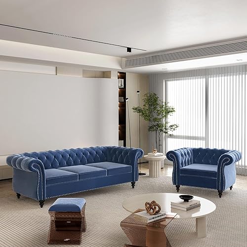 QHITTY 2 Piece Living Room Sofa Set, Sectional Chesterfield Sofa Chair Contemporary Upholstered Velvet Loveseat Couch Sets for Living Room, Bedroom, Office