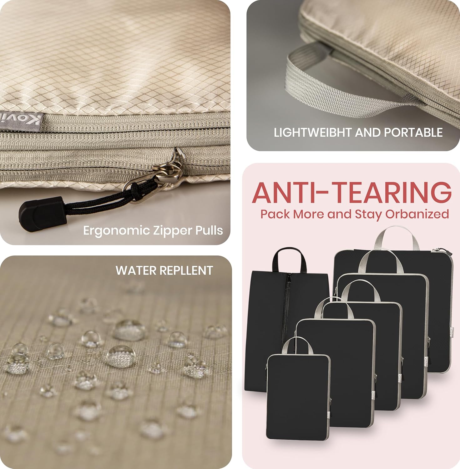 Compression Packing Cubes for Travel, Set of 6 Expandable Luggage Organizers with Shoe Bag, Lightweight Water-Resistant Suitcase Essentials for Carry-on & Checked Luggage, Black