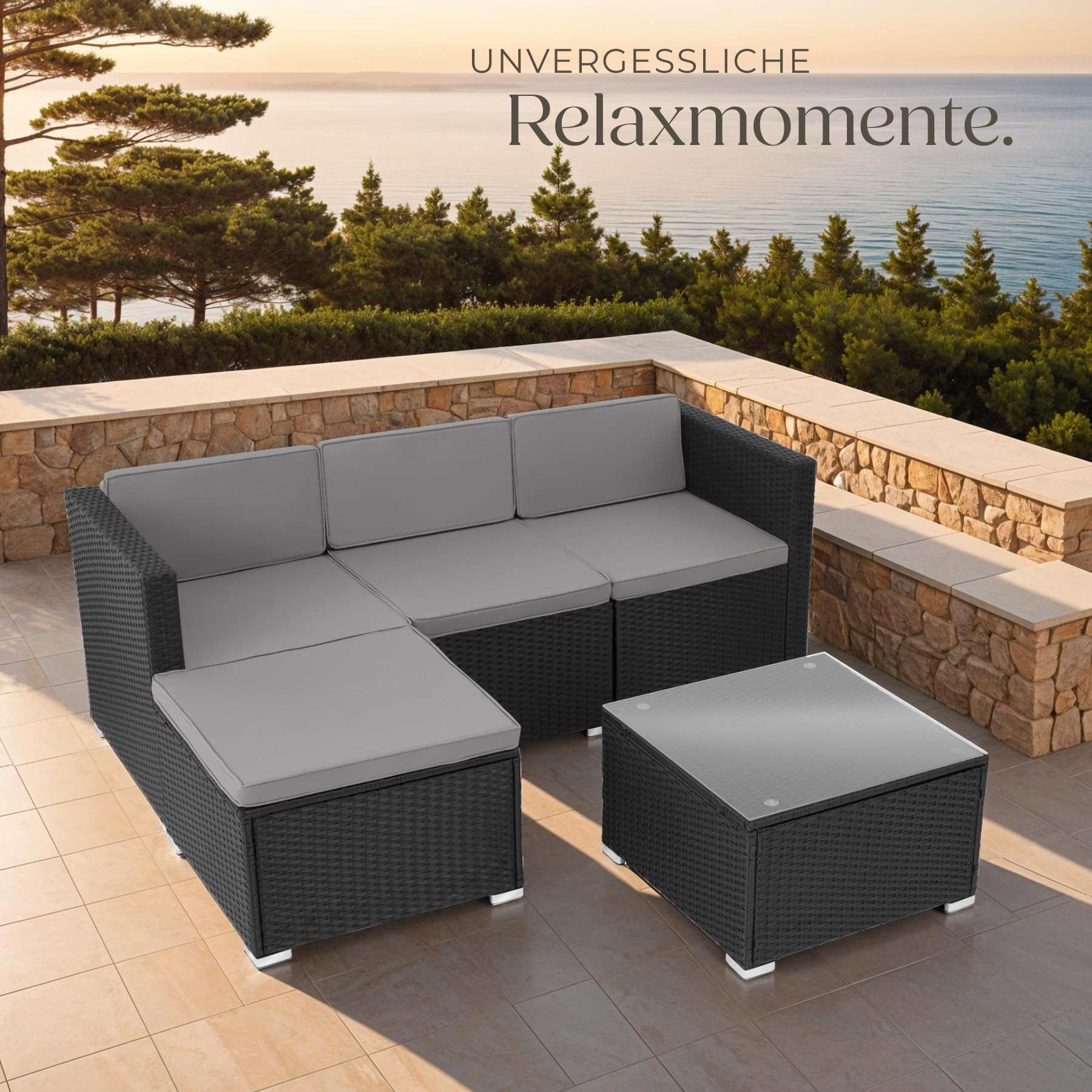 tectake® Poly Rattan Lounge, Outdoor Sitzgruppe, Set mit Sofa Sessel, Hocker, Tisch, frei kombinierbar, Sitzecke für 3-4 Personen, Möbel wetterfest für Garten Terrasse Balkon - schwarz