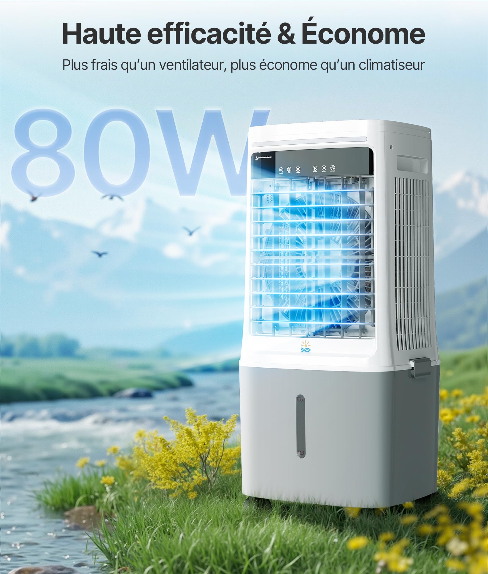 Rafraîchisseur d’Air Mobile 25L avec Eau - Alternative Auclimatiseur Mobile Sans Évacuation, Oscillation 80°, Télécommande, Minuterie 12H, pour Appartement & Atelier, Blanc