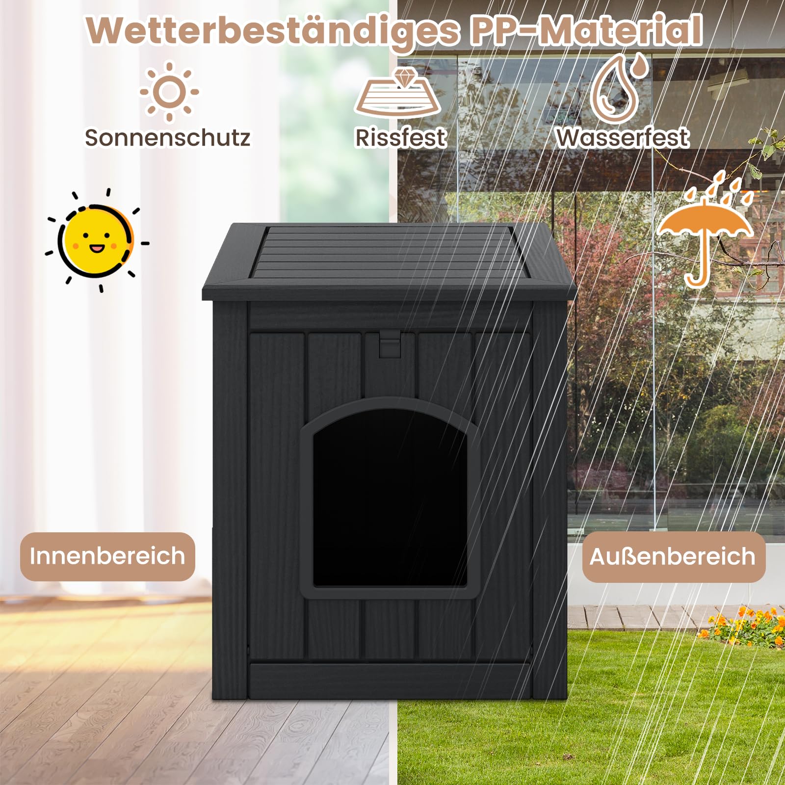 COSTWAY Katzenhaus, Katzenklo Schrank mit Klapptür & erhöhtem Boden, Katzenschrank für Katzentoilette, Tierhaus aus PP für Indoor Outdoor, Beistelltisch für kleine Katzen Hunde Haustier (Schwarz)