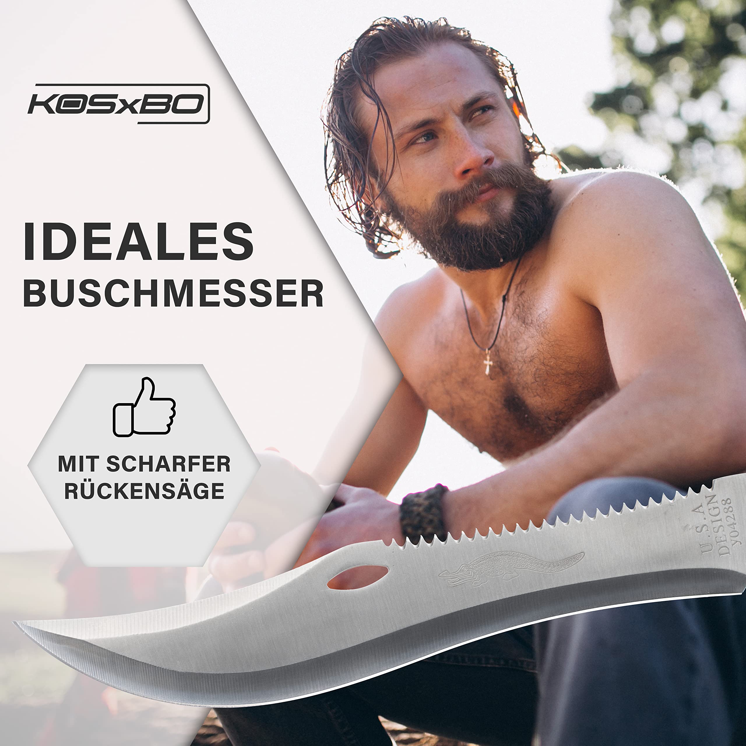 KOSxBO® große Machete mit Säge - Buschmesser - USA Crocodile Dundee Messser - 44,7cm lang - Survival - Freizeitmesser - Outdoor - Jagd - Macheten, braun Silber