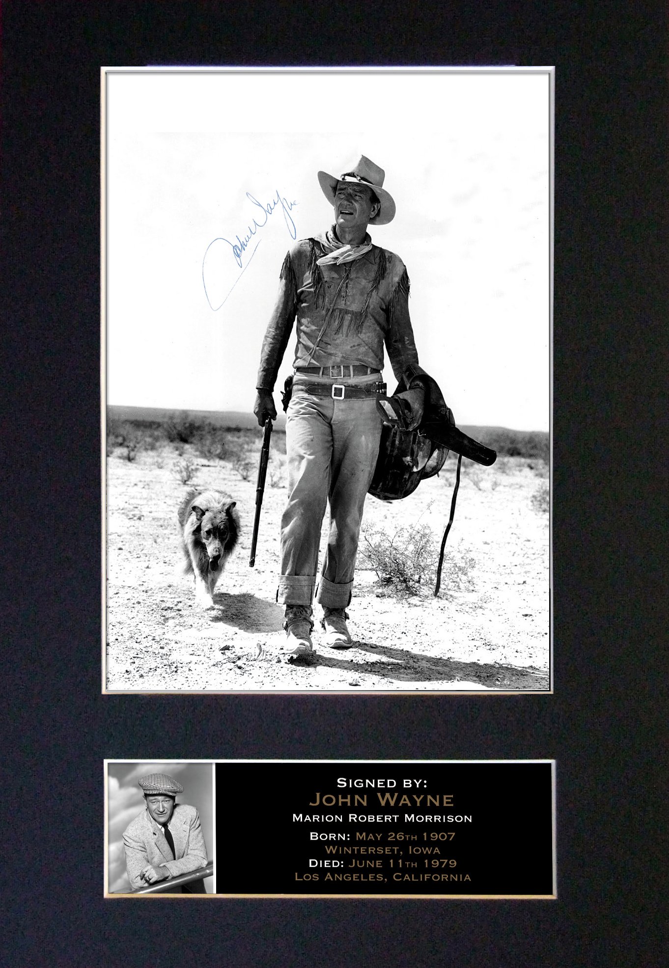 The Autograph Collector Gold,Black John Wayne Signed Autograph Mounted Photo Reproduction Print A4 Rare (297 X 210Mm) #129 (Mount & Print (Not Framed))