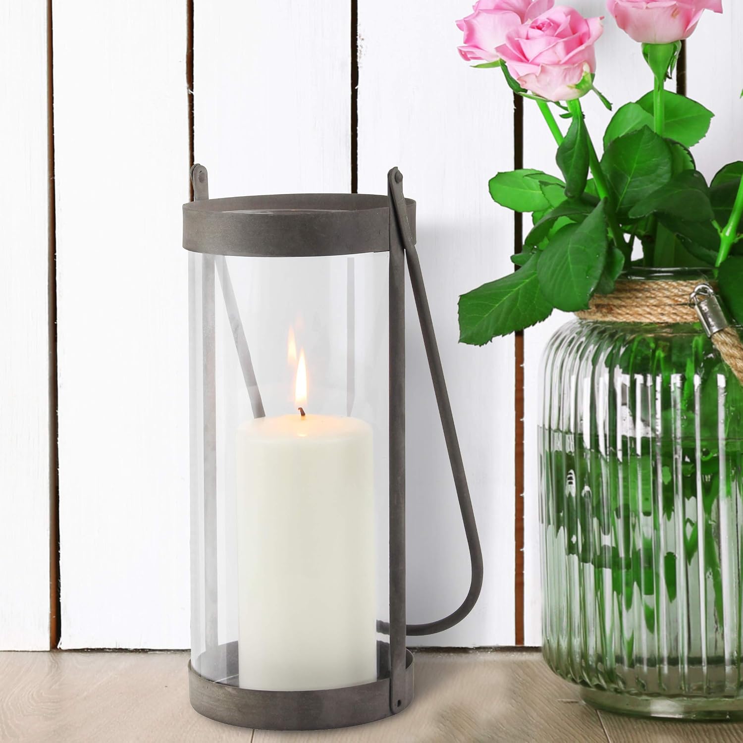 Stonebriar Industrial Glass Cylinder Hurricane Candle Lantern with Rustic Zinc Metal Frame and Handle