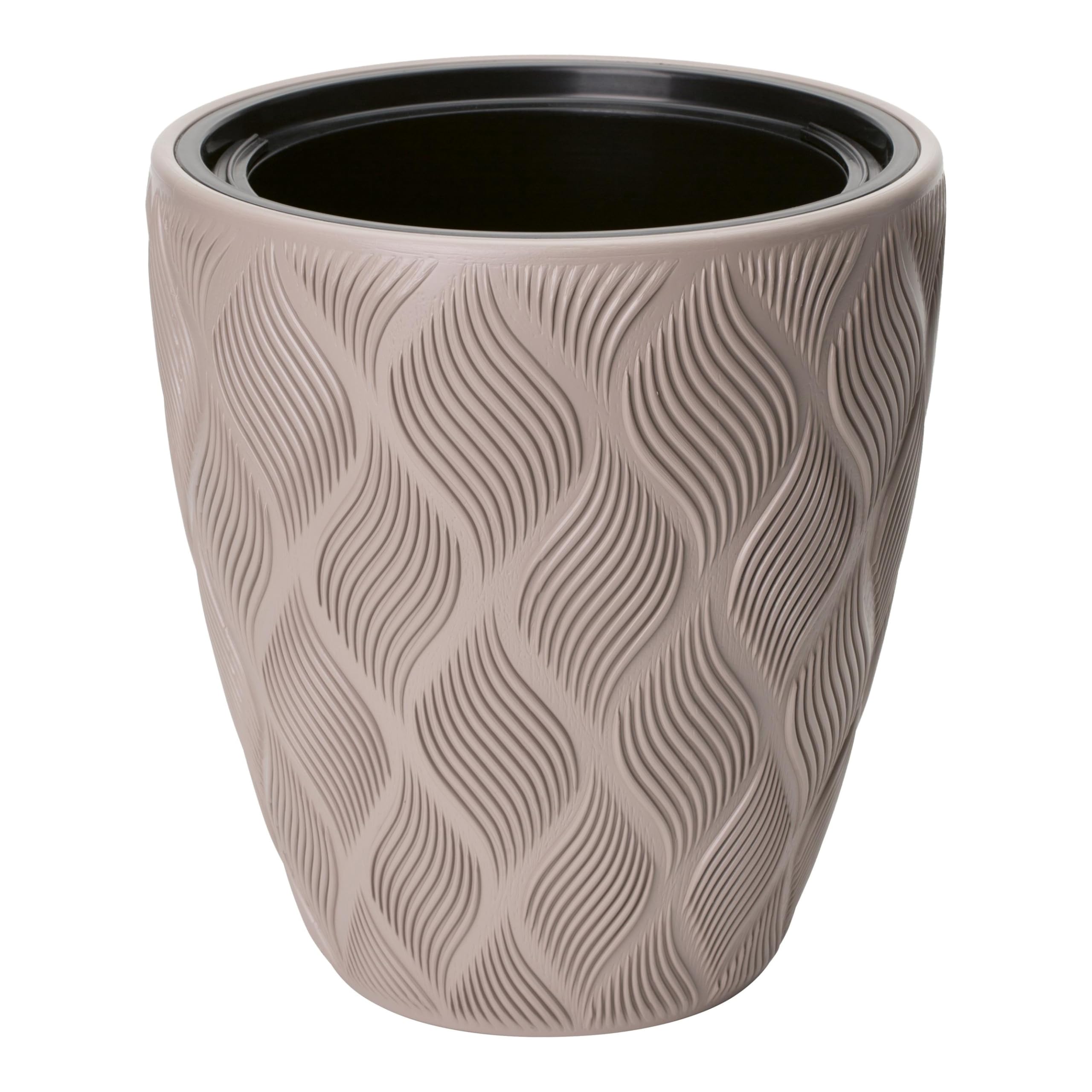 B2C Round Tall Plant Pot Elegant Large Flower Indoor Outdoor Garden Planters Flow High 5 Colours Wave Plastic Textured With insert (Taupe, H42cm x D38.5cm)