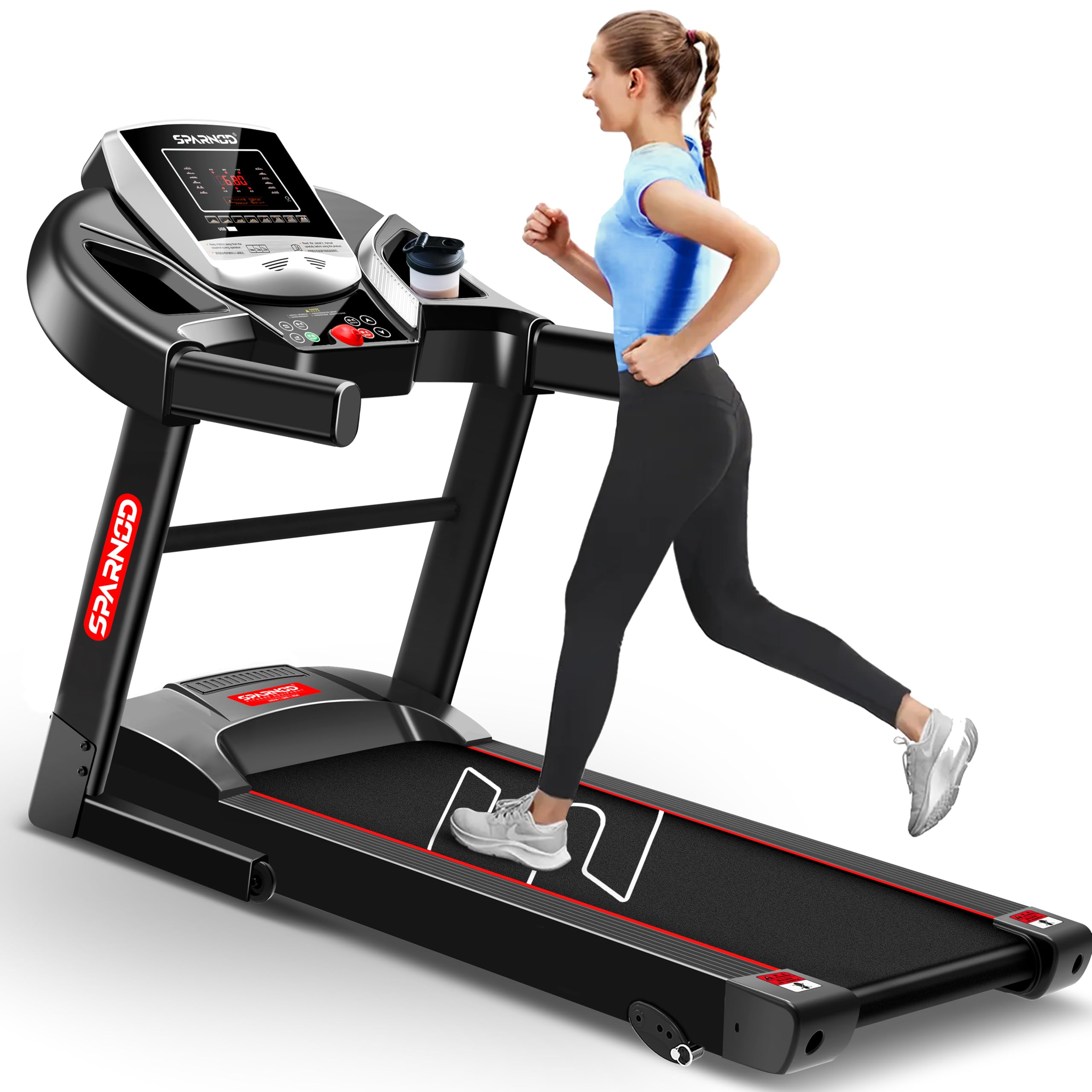 Sparnod Fitness STH-1200 Motorized Treadmill for Home Use, 4 HP Peak DC Motor, Bluetooth,12 km/hr Speed, 110 kg Max User Weight, 12 Preset Workouts, Manual Incline, Hi-Fi Speaker, Safety Key