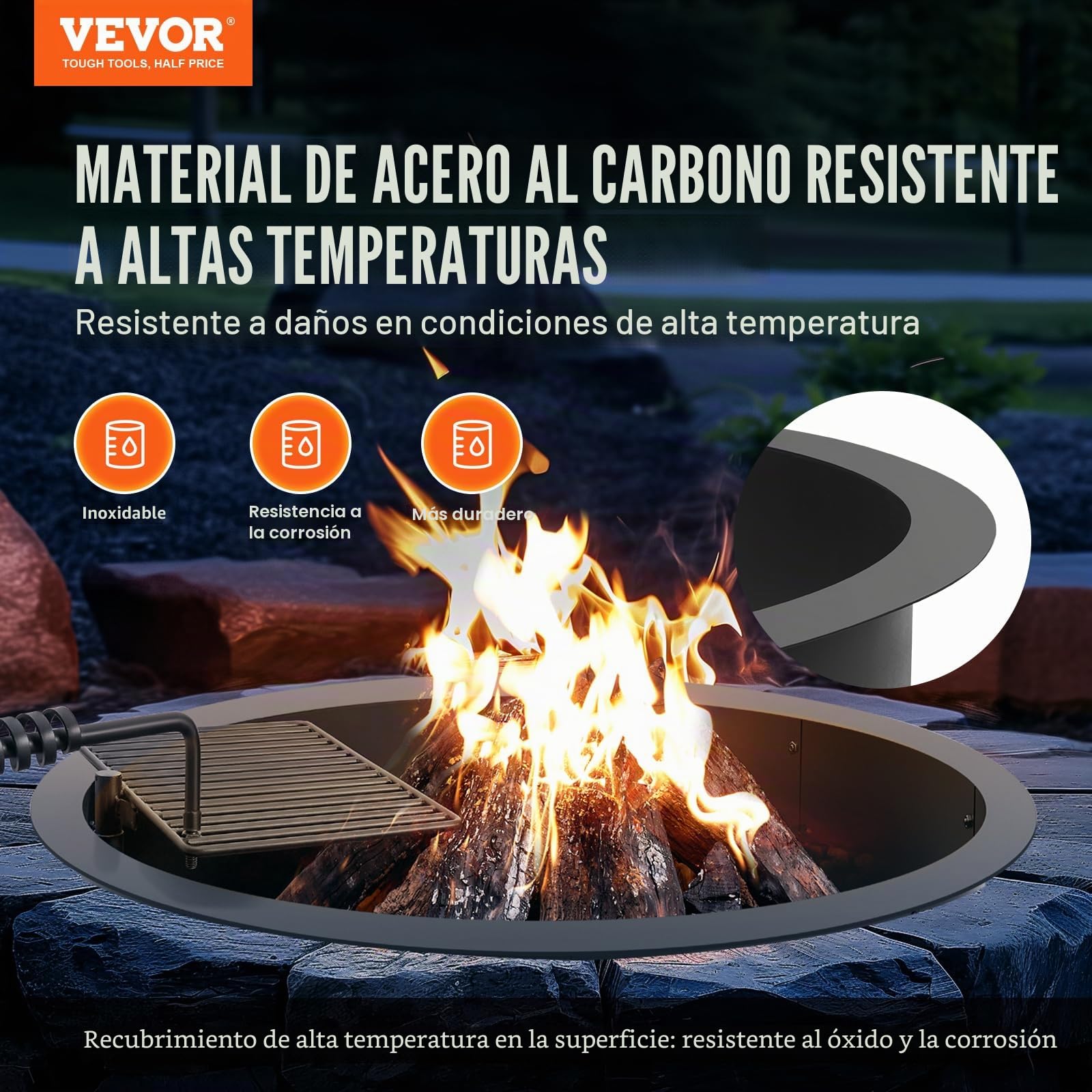 VEVOR Aro para Hoguera con Parrilla para Barbacoa Diámetro Exterior 1016 mm, Diámetro Interior 914,4 mm, Altura 215,9 mm, Revestimiento de Acero al Carbono, Anillo para Fogata sobre o en el Suelo