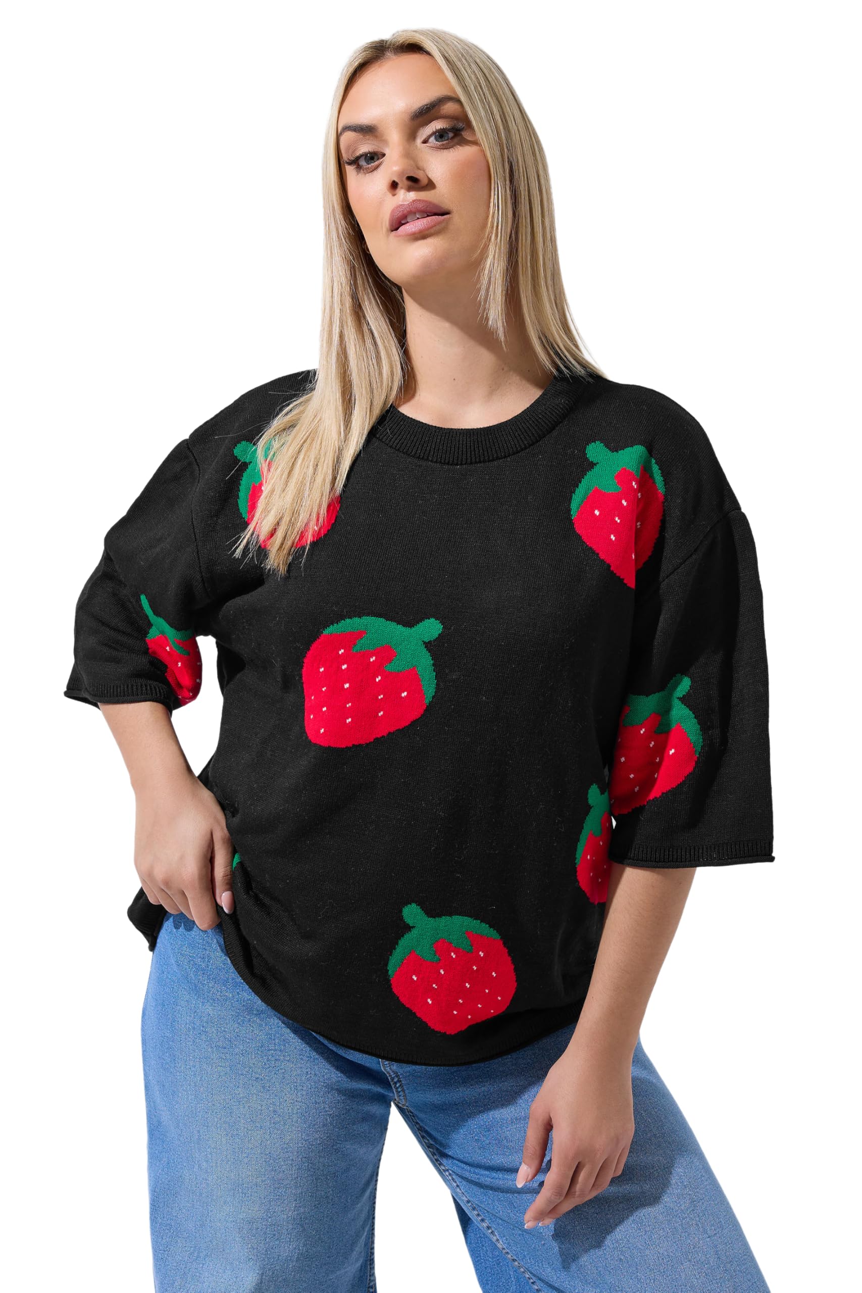 Yours Women's Black Strawberry Knitted Boxy Top In | Size: 22-24