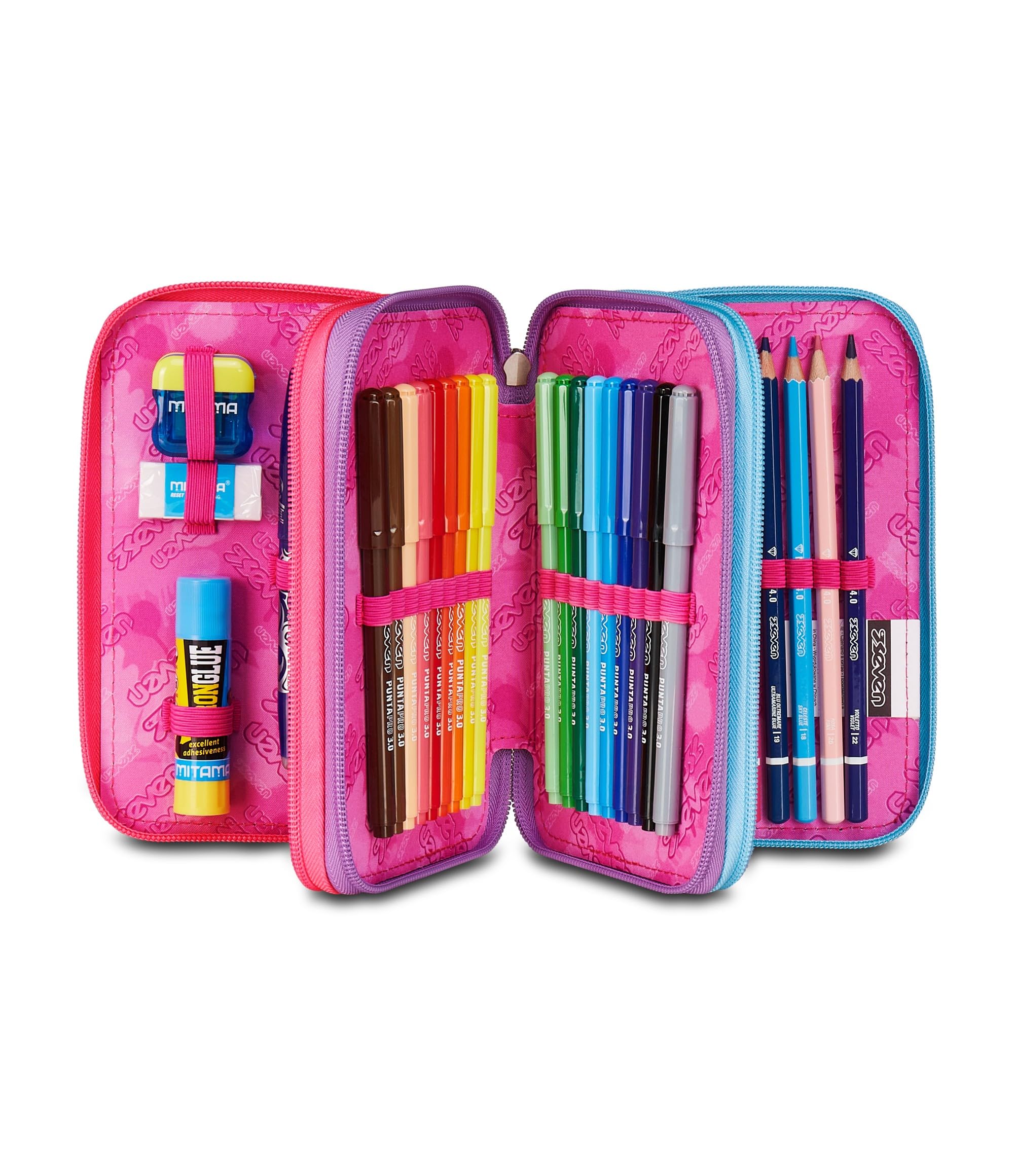 Seven Astuccio Scuola 3 scomparti con Matite Pennarelli Penne 3 Zip rosa/azzurro
