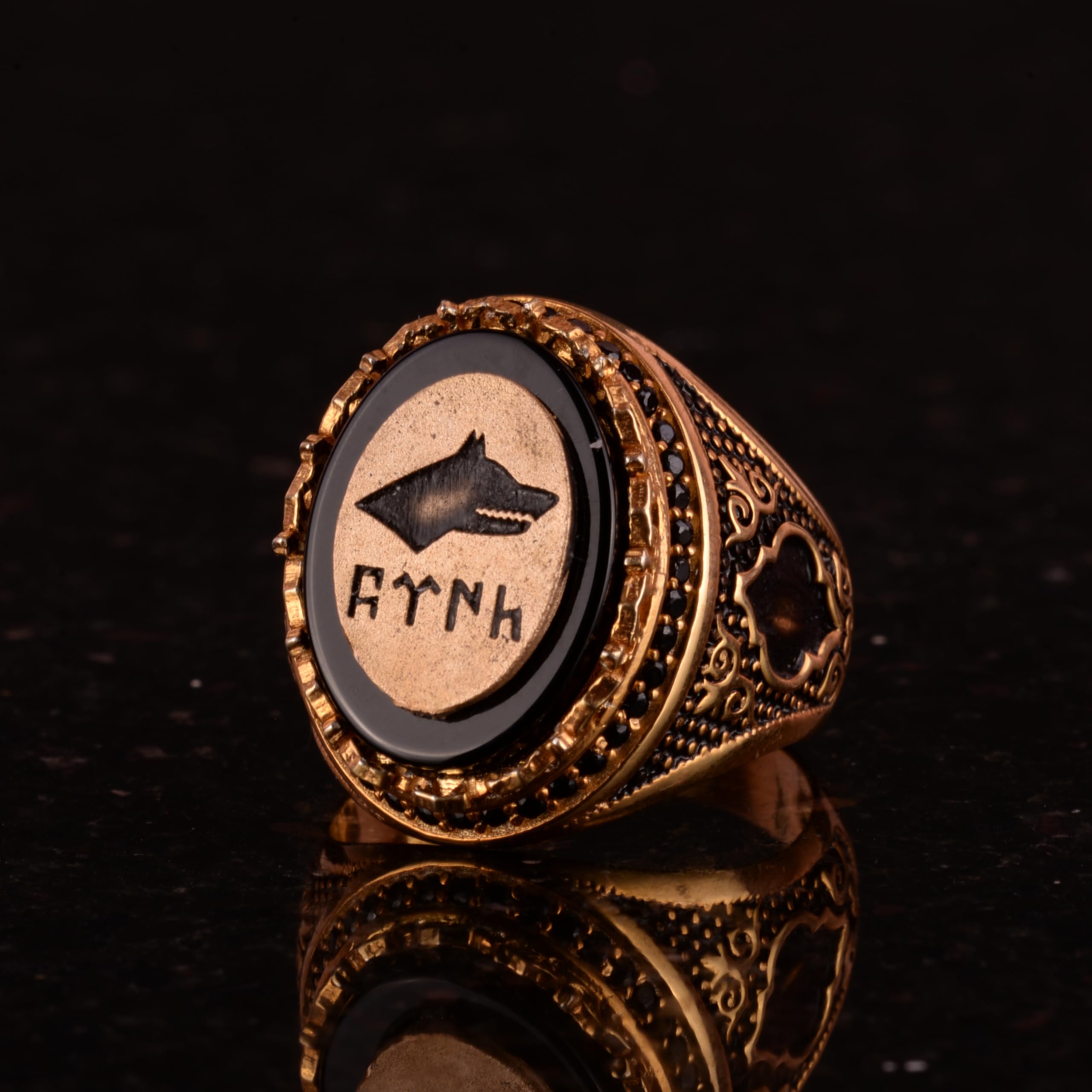 KAMBO Gokturk Ring aus 925er Sterlingsilber, grauer Wolf, handgefertigter Vintage-Stil, Herrenschmuck, Sterlingsilber, Obsidian, Sterling Silber, Obsidian