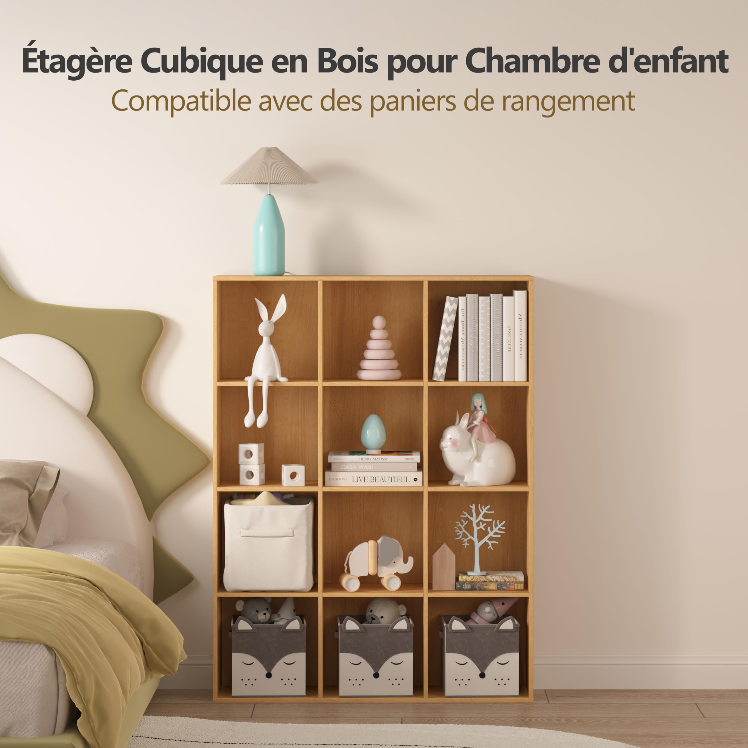 Bibliothèque Meuble de Rangement 6 Cubes, Étagère à Casiers en Bois avec Panneau Arrière, Bibliotheque Cubique, Armoire de Rangement Moderne Présentoir pour Chambre/Salon/Bureau, Chêne Naturel