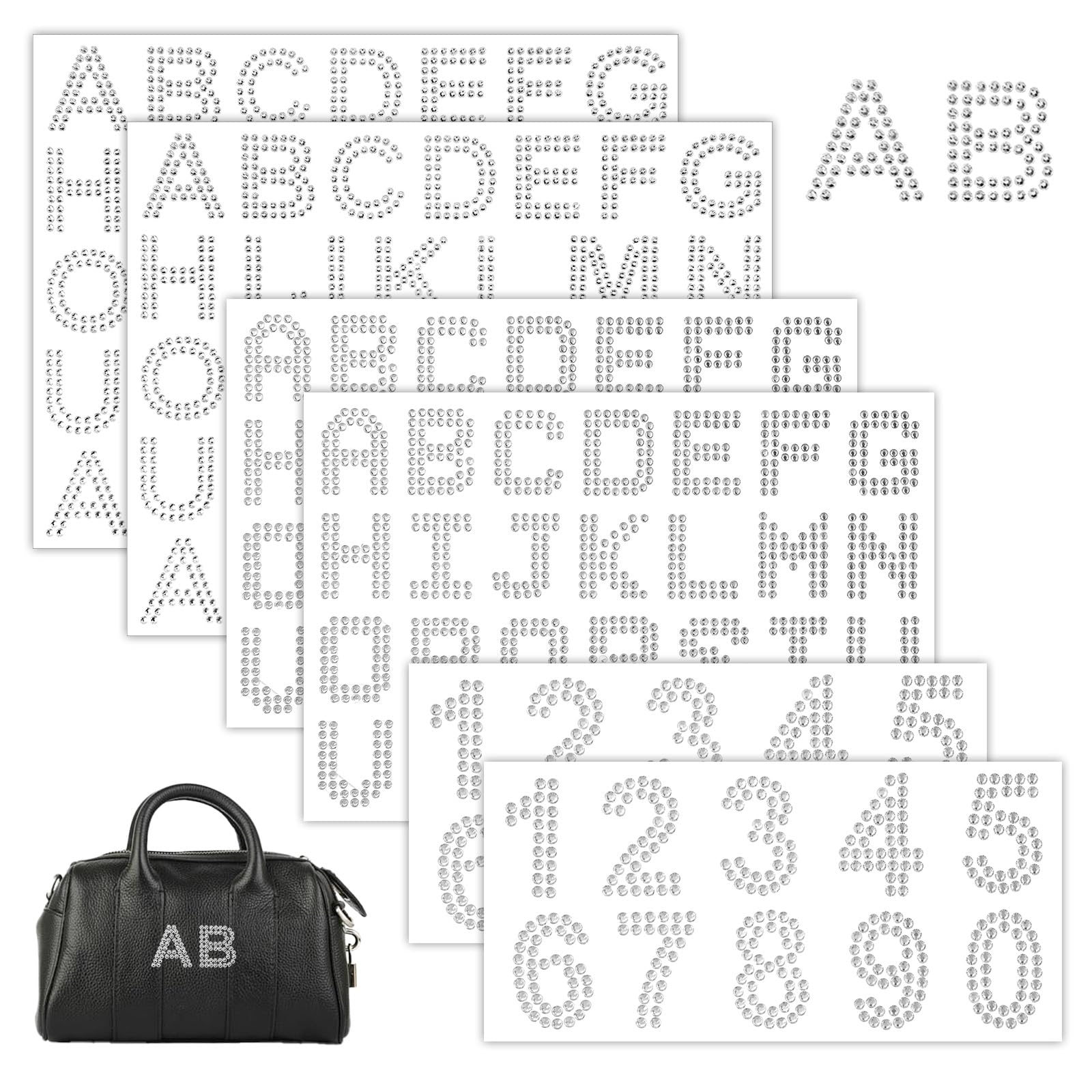 Rhinestone Letters Stickers Kits, 6 Sheet Alphabet and Numbers Stickers, 2 Sizes Self Adhesive Diamond Alphabet Sticker, Silver Bling Crystal Letter Sticker for Fabric DIY Craft Decor Clothes