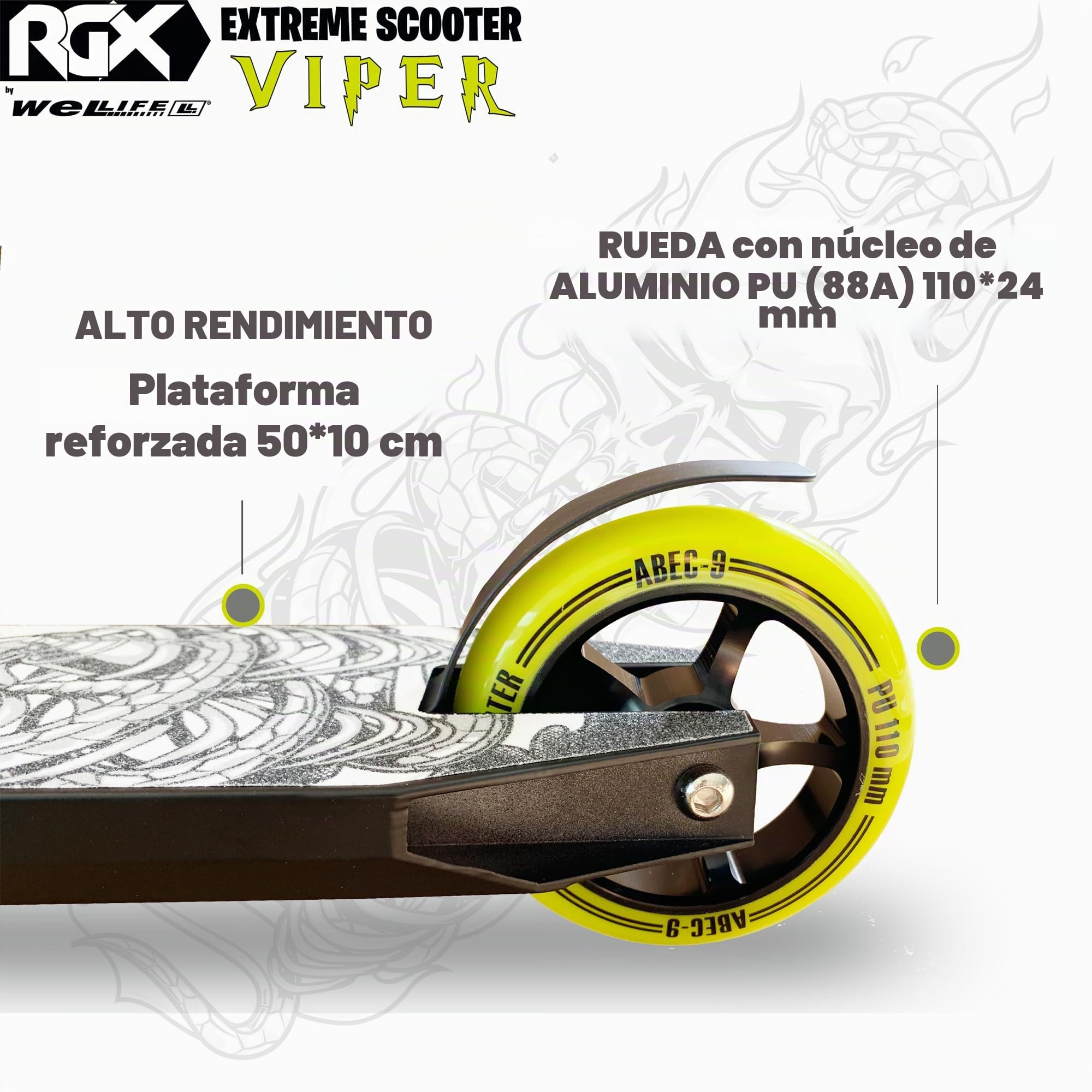 WeLLIFE Patinete Freestyle Viper RGX - Patinete Freestyle Profesional, Manillar HIC System, Ruedas PU 110mm y Llantas de Aluminio, Rodamientos Abec9, Patinete Acrobático para Adultos y Niños