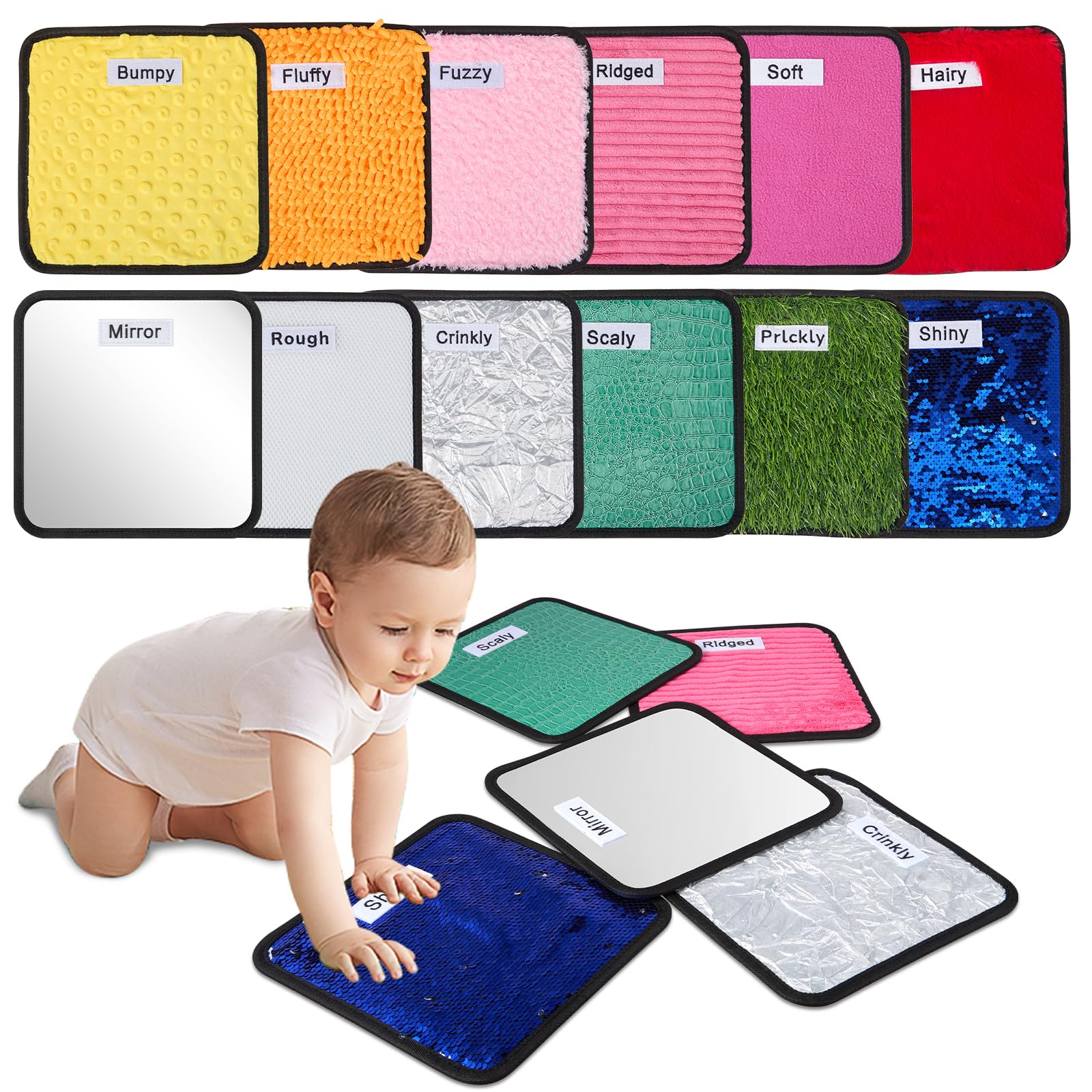 Sensory Mats,Sensory Wall Toys,12 Textured Sensory Tiles with Wall Hanging Rope, Baby Sensory Toys for Autistic Children,Tactile Play Mats for Babies Toddlers Sensory Exploration,Fidgeting Activity