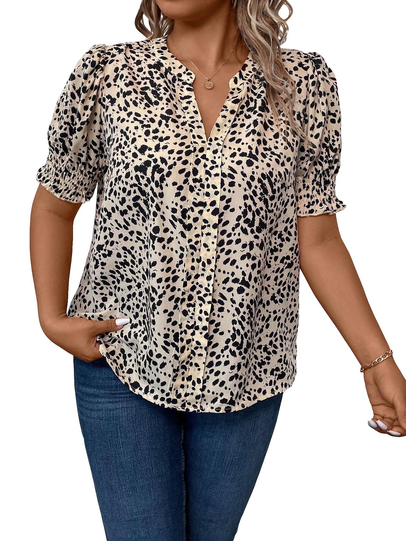 GORGLITTERWomen's Plus Size Allover Print Notched V Neck Puff Sleeve Blouse Top