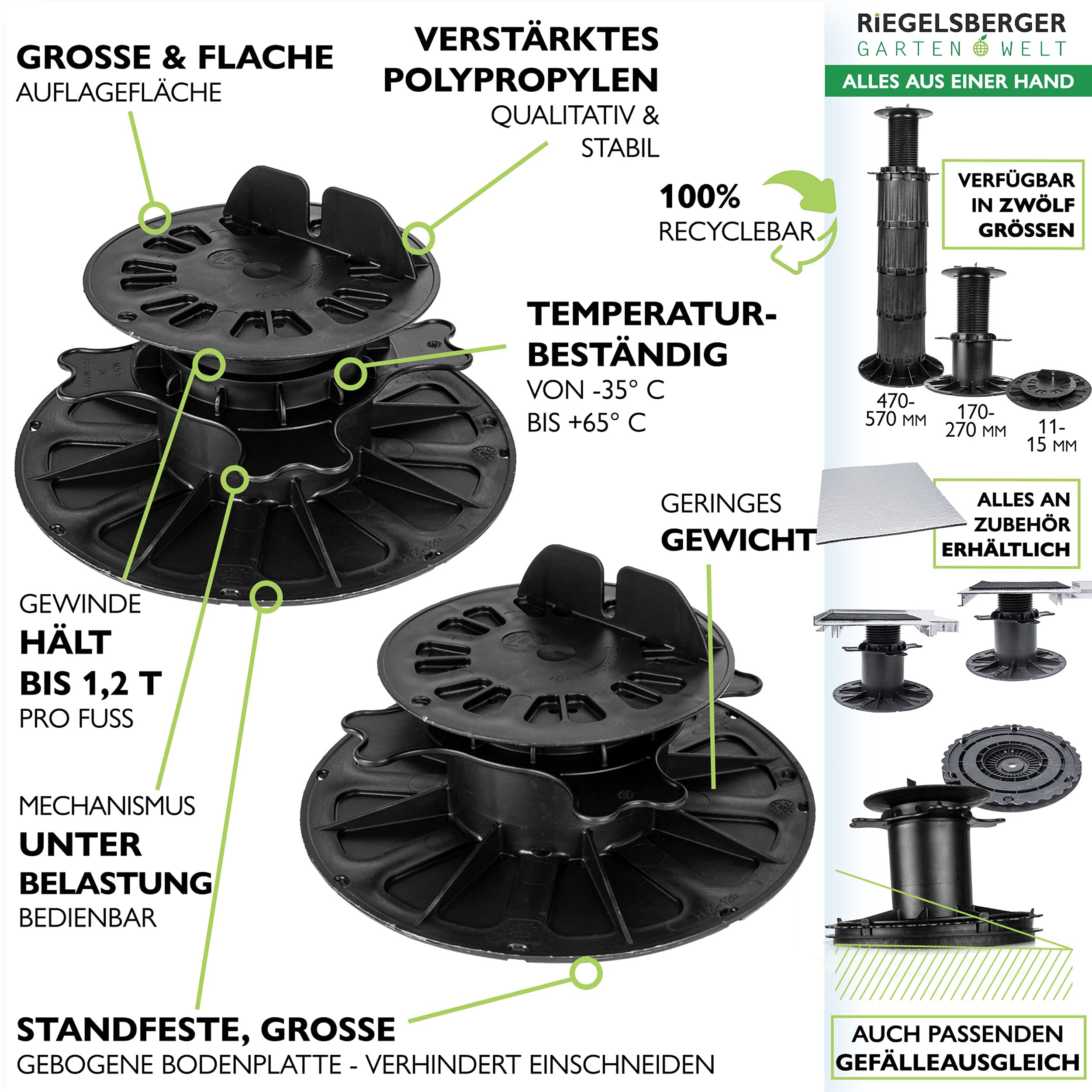 Gartenwelt Riegelsberger Justierbarer Premium Balkenlager Terrassenlager Stelzlager für Holz WPC Aluminium BPC Hartholz Unterkonstruktion höhenverstellbar 70-120 mm | 36 STK. (1 Karton)