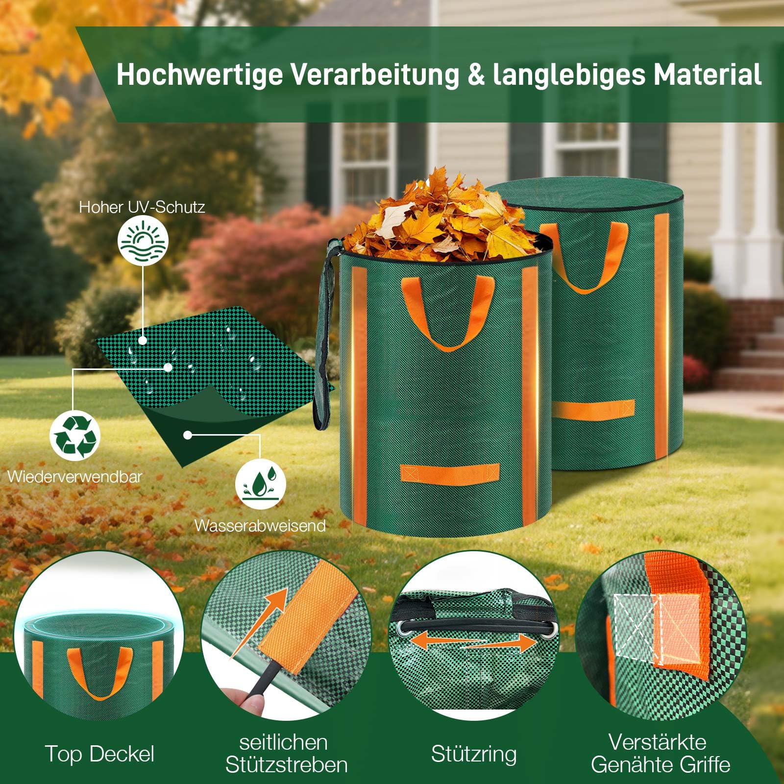 3x Gartenabfallsack stabil 120L - Selbststehend Gartensack Laubsack mit Deckel, Wiederverwendbar Grünschnittsack Laubsammler Korrosionsbeständig für Gartenabfälle und Grünschnitt